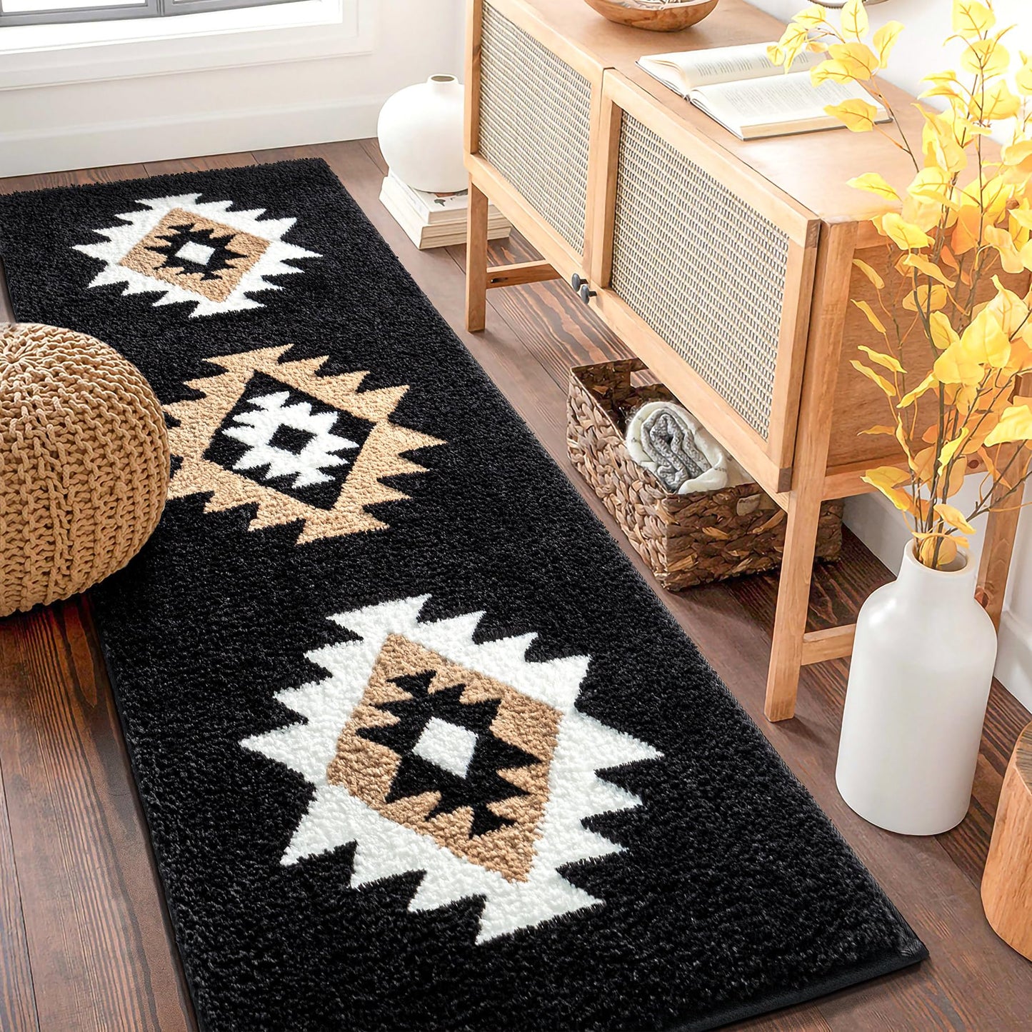 DEXDE Bathroom Runner Rug 24x60 Boho Long Bath Mat Rug for Bathroom Bedroom Hallway Kitchen Luxury Soft Absorbent Large Modern Geometric Carpet Western Farmhouse Carpet, Black