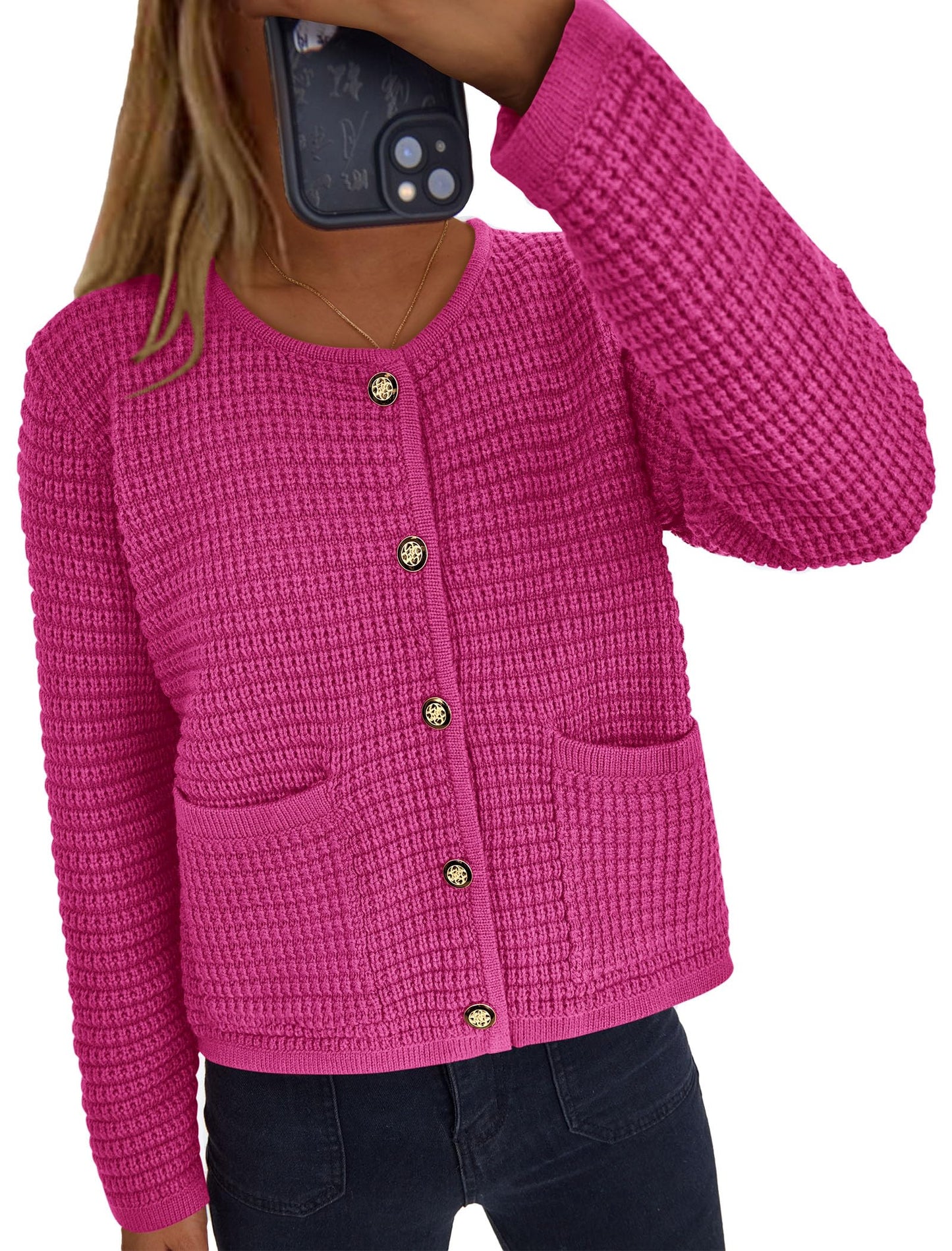 PRETTYGARDEN Women Knit Cardigan Sweaters Fall Fashion Long Sleeve Open Front Button Down Trendy Casual Jacket Winter Clothes (Rose Red,Small)