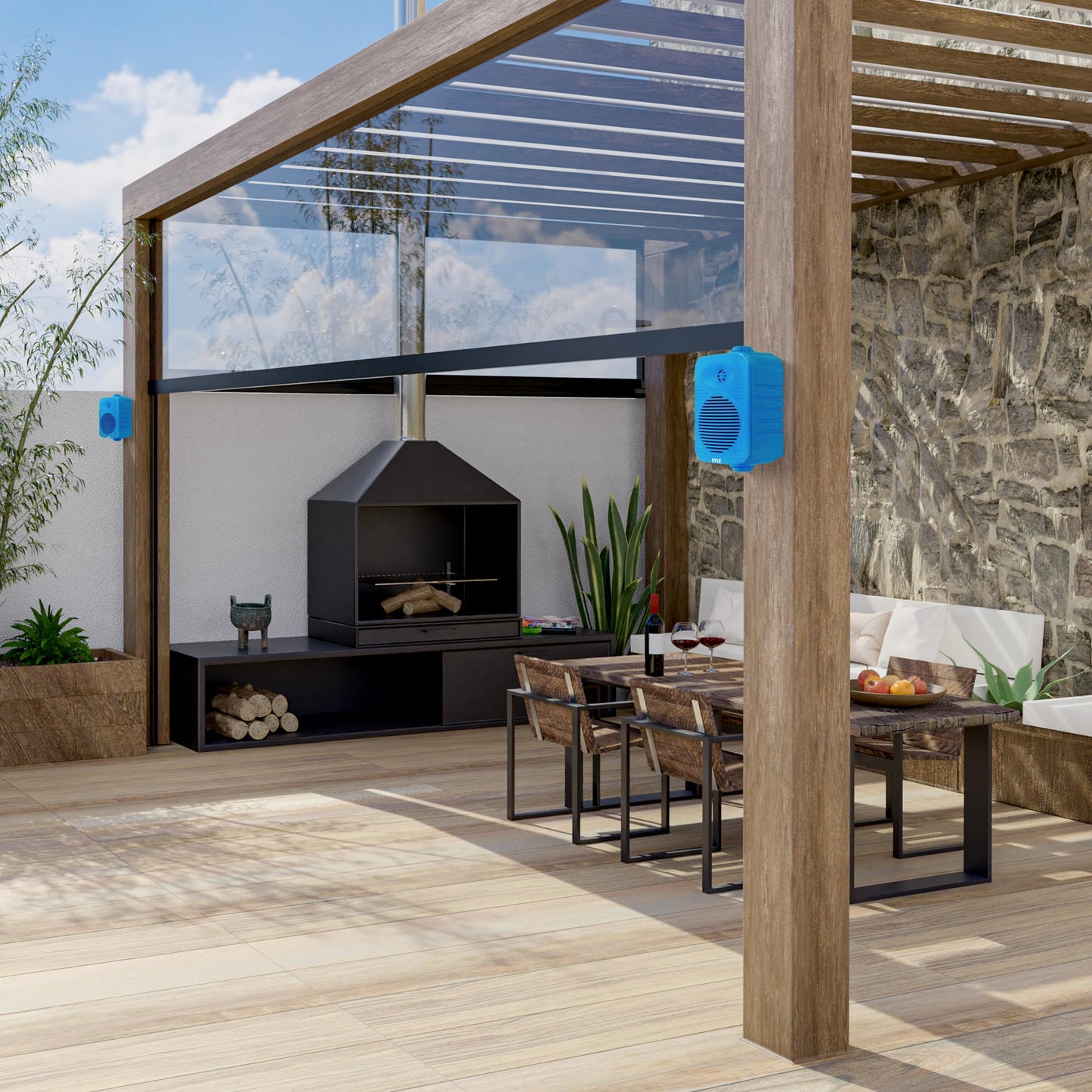 Pyle 300 Watt Bluetooth Indoor Outdoor Speakers Pair - Dual Waterproof 4” 2-Way Full Range Speaker System w/ 1/2” High Compliance Polymer Tweeter | Home, Boat, Marine, Deck, Patio, Poolside (Blue)