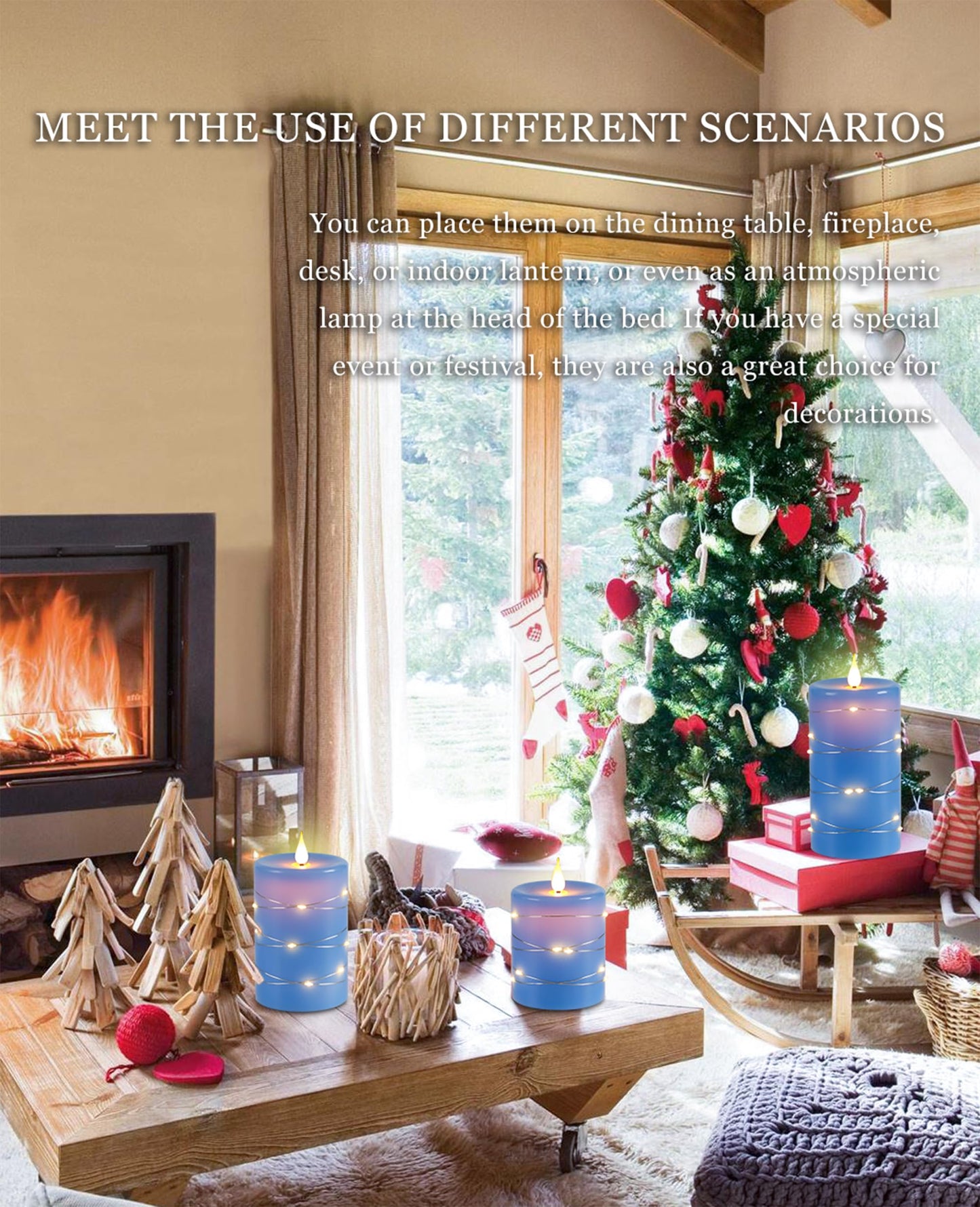 Da by Flameless Candles with String Lights，Battery Operated Candles,LED Flickering Candles with Remote Control and Timer, Real Wax, 3 Pack-Blue