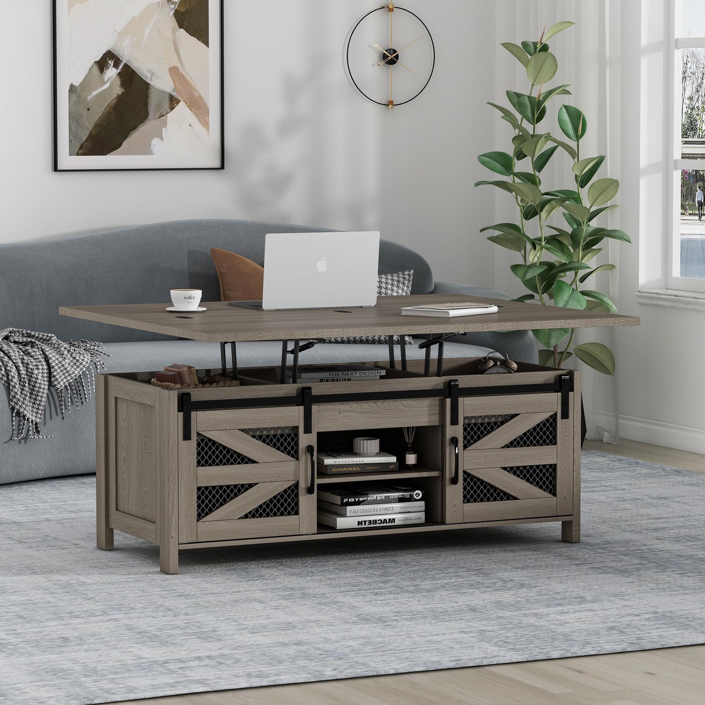 47.2" Lift Top Coffee Table, 4 in 1 Farmhouse Coffee Table with Storage and Sliding Barn Doors, Coffee Tables for Living Room, Dining Room (Grey)