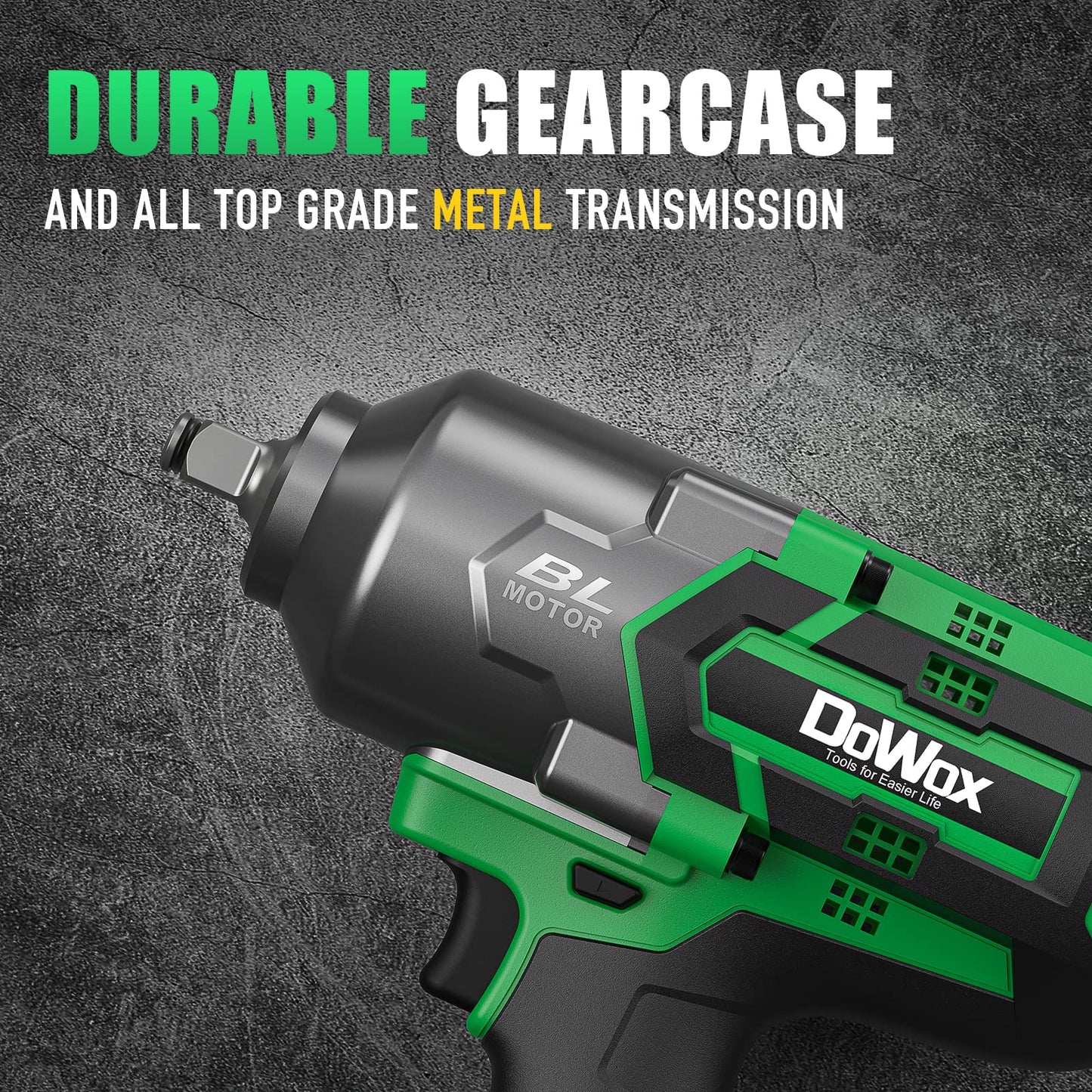 DOWOX Cordless Impact Wrench 1/2 Inch, High Torque 1200 Ft-lbs Brushless Impact Gun, 20V Power 4.0 Ah Battery, Fast Charger, 5 Pcs Sockets and Tool Box Kit