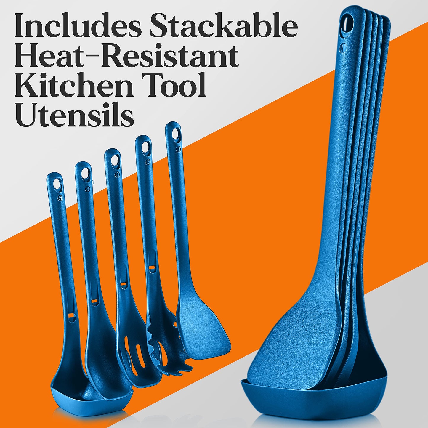 NutriChef 17pcs Blue Stackable Pots and Pans Set, Nonstick Induction Cookware, Space Saving Cookware, Easy Clean, Ideal For RV and Camper, Includes a Foldable Steamer Basket and Cooking Utensils