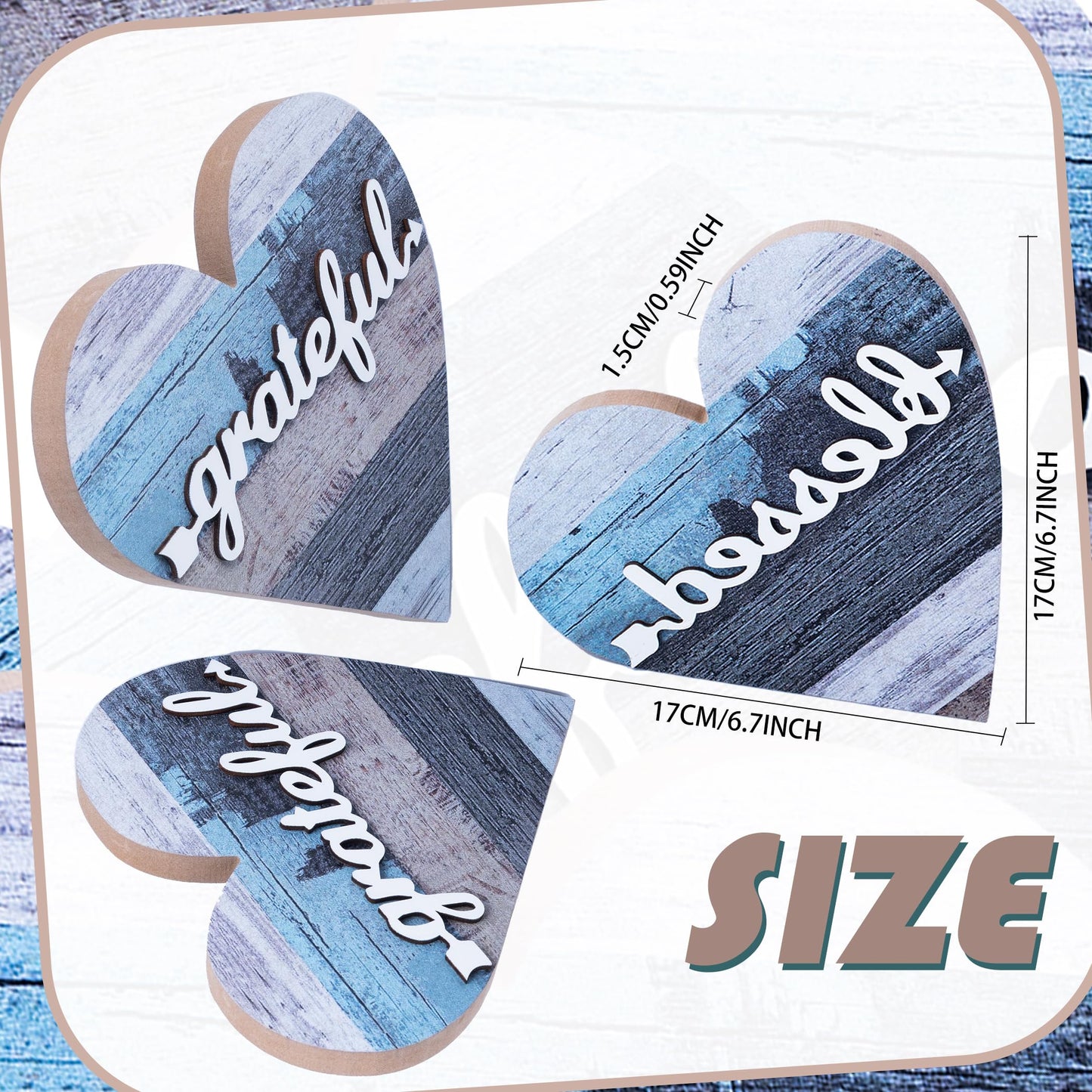 WTYONZEL 2 Pcs Rustic Wooden Table Heart Decor Signs for Home Decor - Farmhouse Valentine's Day Centerpiece, Freestanding Table Decor, Romantic Gifts (Grateful Style)