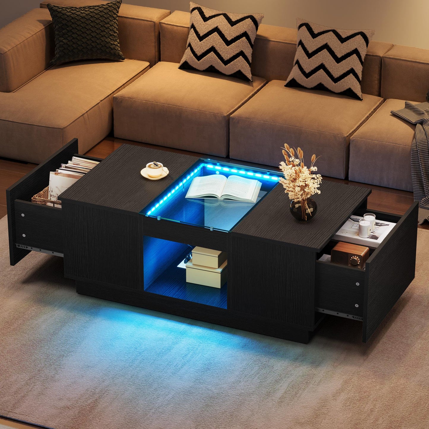 YITAHOME Modern Coffee Table with LED Lights, Rectangle Coffee Table with 2 Large Drawers, Spacious Glass Coffee Table, Upscale Large Living Room Table with Power Outlets and Remote Control, Black