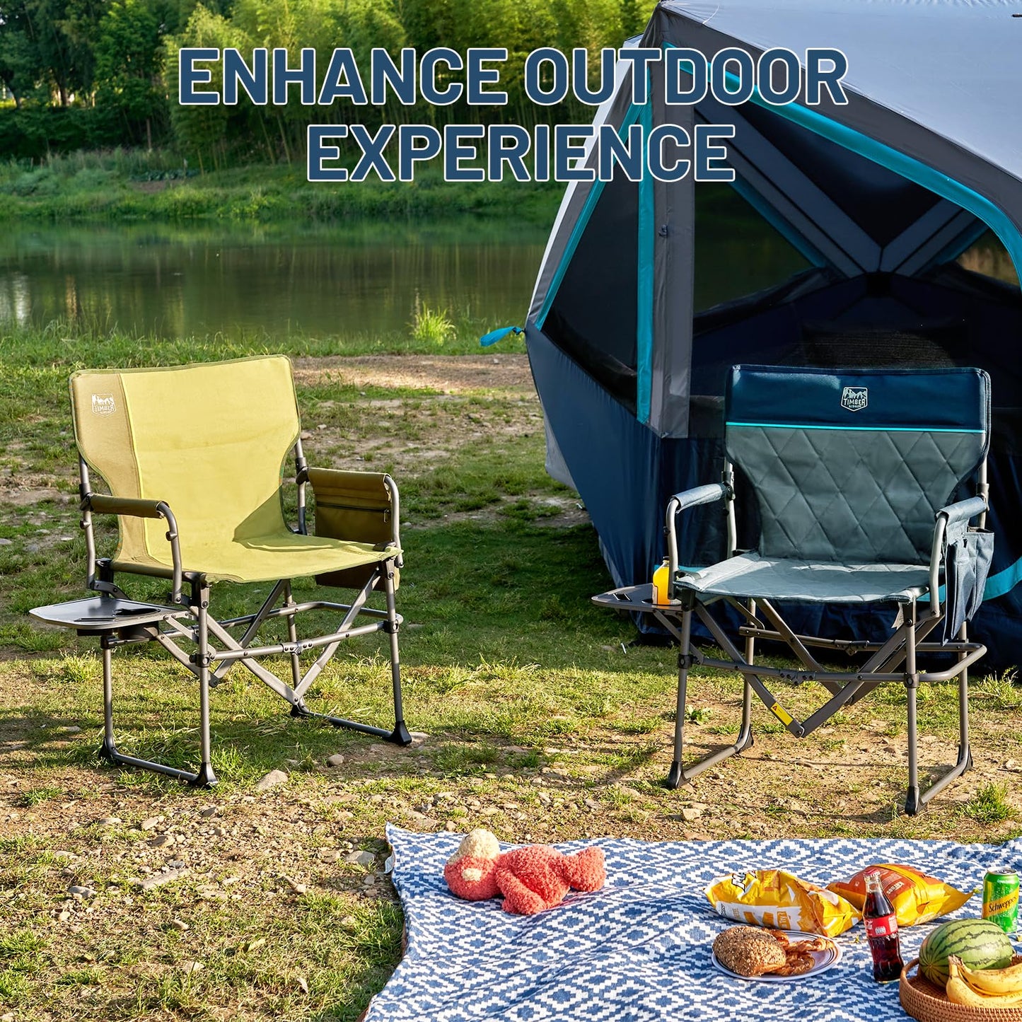 TIMBER RIDGE Aluminum Camping Directors Chair with Side Table Pocket, Portable Folding Heavy Duty Lawn Chair for Fishing Trip Picnic Concert Outdoor 400lbs, Navy 2 Pack