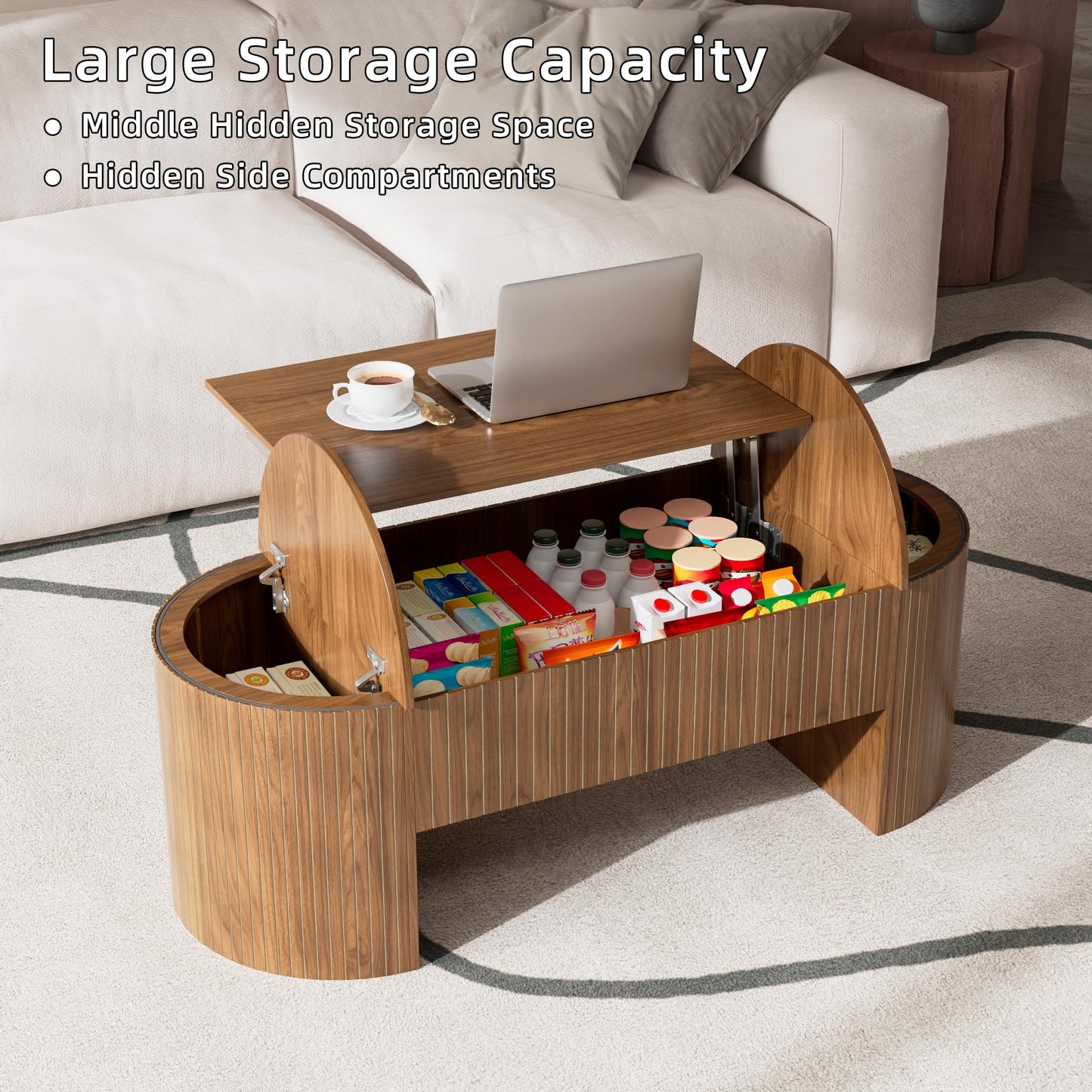 Lift Top Coffee Table with Hidden Storage Compartment, Oval Wooden Coffee Table with Lift Tabletop for Living Room, Mid Century Modern Center Table for Home Office, 47 Inch (Walnut)