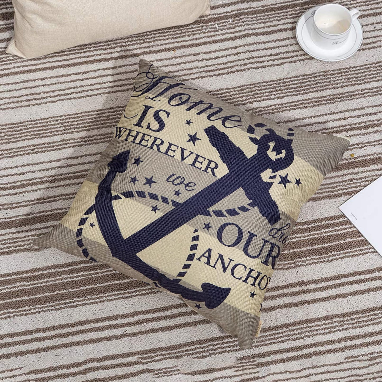 Fjfz Nautical Farmhouse Decorative Throw Pillow Cover 18x18 Home is Wherever We Drop Our Anchor Quote Sign Summer Ocean Cruise Lover Decoration Home Decor Cotton Linen Cushion Case for Sofa Couch