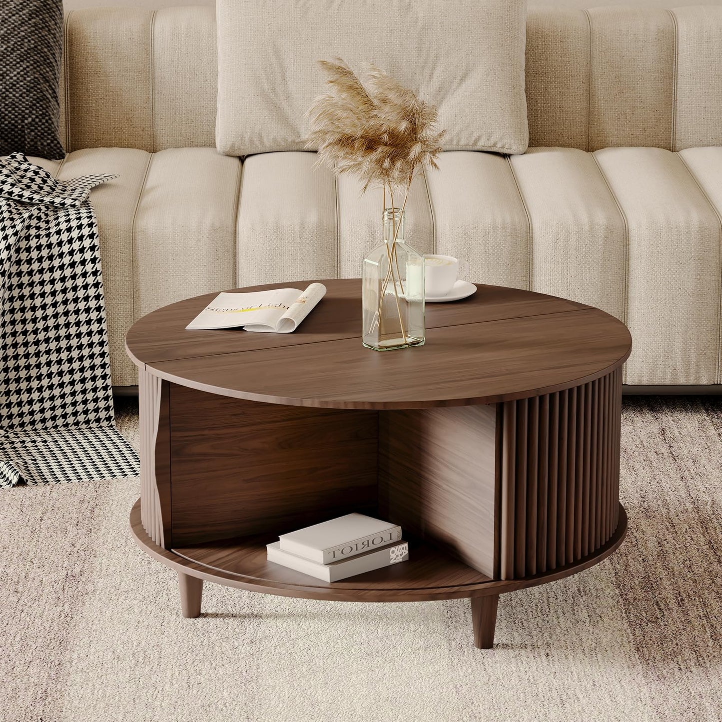 JOINICE,Round Coffee Table with Storage,Fluted Center Table with Sliding Cabinet Door for Living Room,Home Small Space,31.5" Small Center Table,Walnut