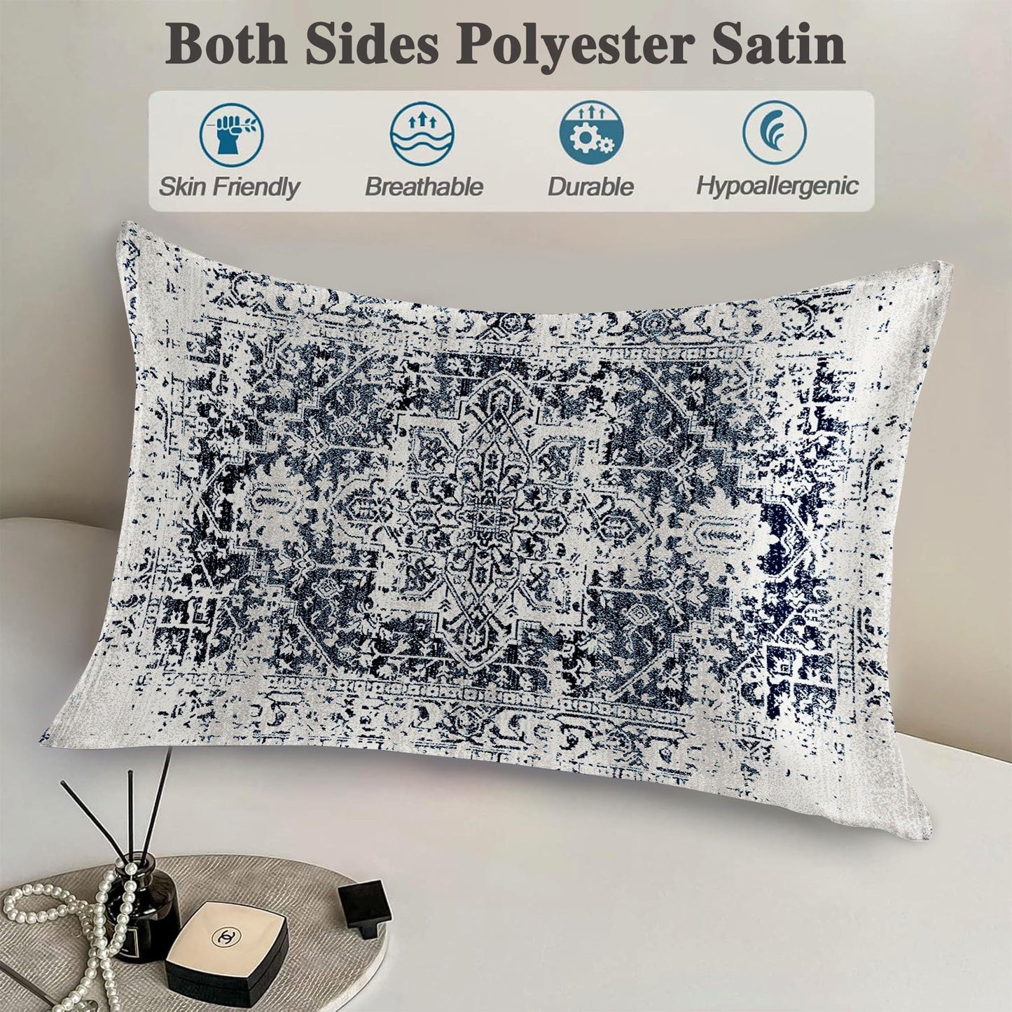 Silk Like Pillowcase for Hair and Skin Retro Boho Blue Carpet 1 Pack Satin Pillowcase with Hidden Zipper Soft Breathable Smooth Cooling Pillow Cover Queen Size for Bedroom Sofa 20”x30”