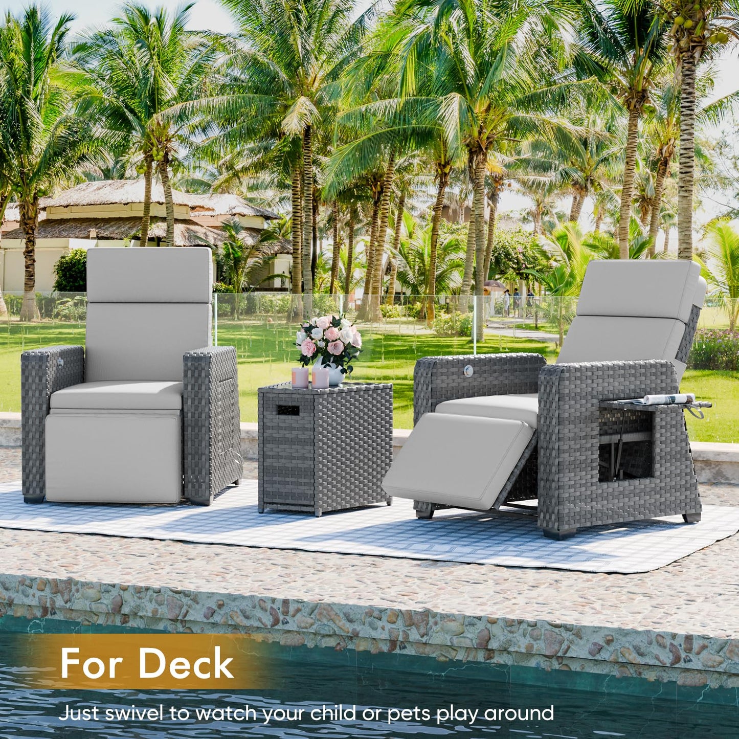 K Knowbody Outdoor Recliner Patio Chair, All-Weather Wicker Furniture Reclining with Air Pump, 150° Lay-Flat Position, Extended Footrest, Flip-Up Side Table, Removable Gray Olefin Cushions