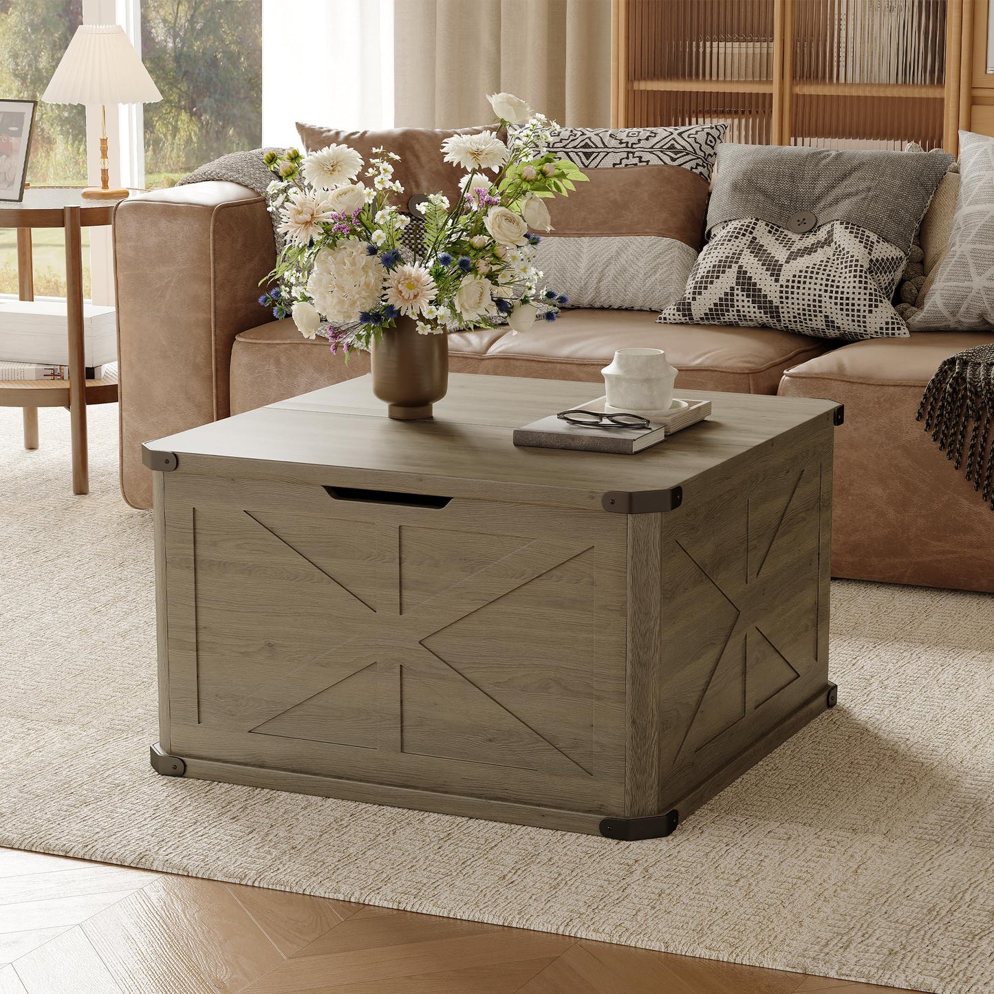 HOPUBUY Farmhouse Coffee Table with Hidden Storage - Rustic Wood Center Table for Living Room, Metal Corner Reinforcement, Square Design with Flip-Top Compartment, Brown