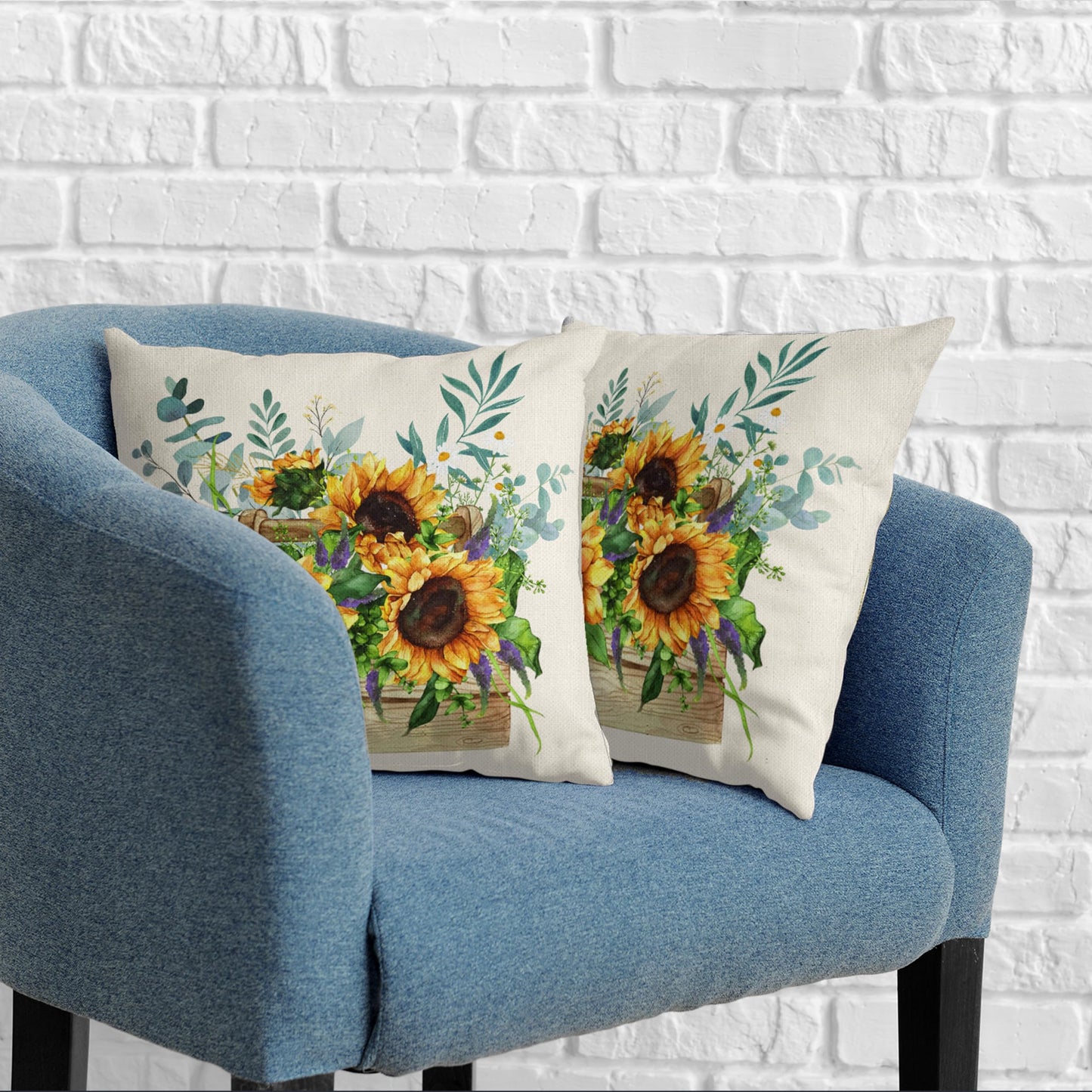 Kwlegh Sunflower Pillow Covers Spring Summer Floral Throw Pillow Covers Set of 2 Sunflowers with Eucalyptus Leaves Farmhouse Pillow Case 18x18 for Sofa Car Patio, Cotton Linen