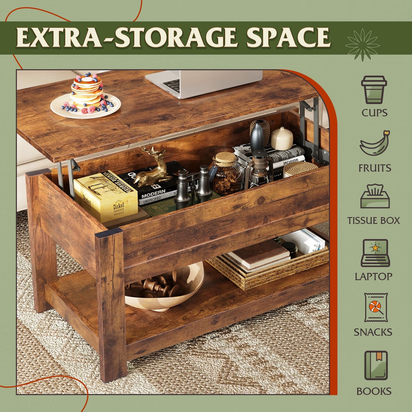 WLIVE Coffee Table, 39" Lift Top Coffee Table with Hidden Compartment and Storage Shelf for Living Room, Rustic Brown