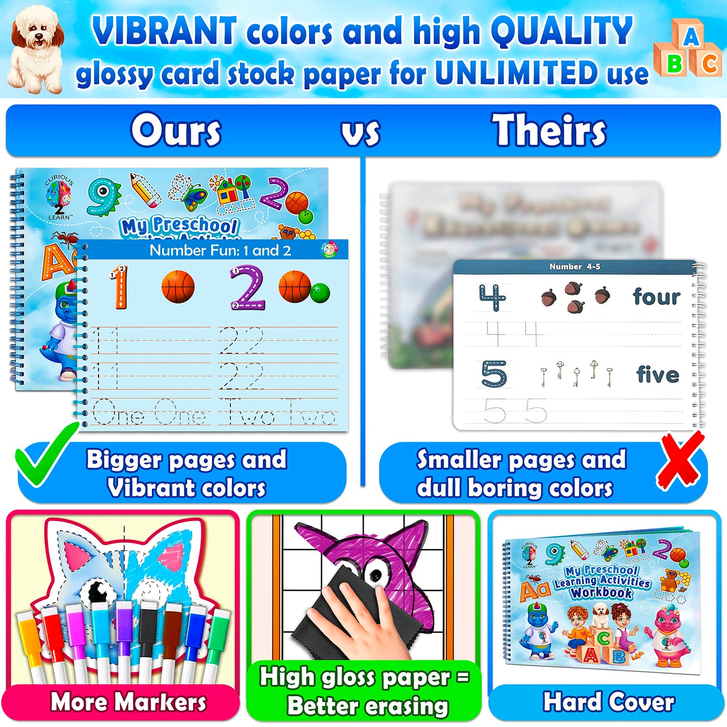 Curious 2 Learn Toddler Preschool Learning Activities | Handwriting Practice for Kids | Workbook Learning Resources| Tracing Kindergarten Workbooks | Busy Book | 4 Year Old Boy Birthday Gift | Blue