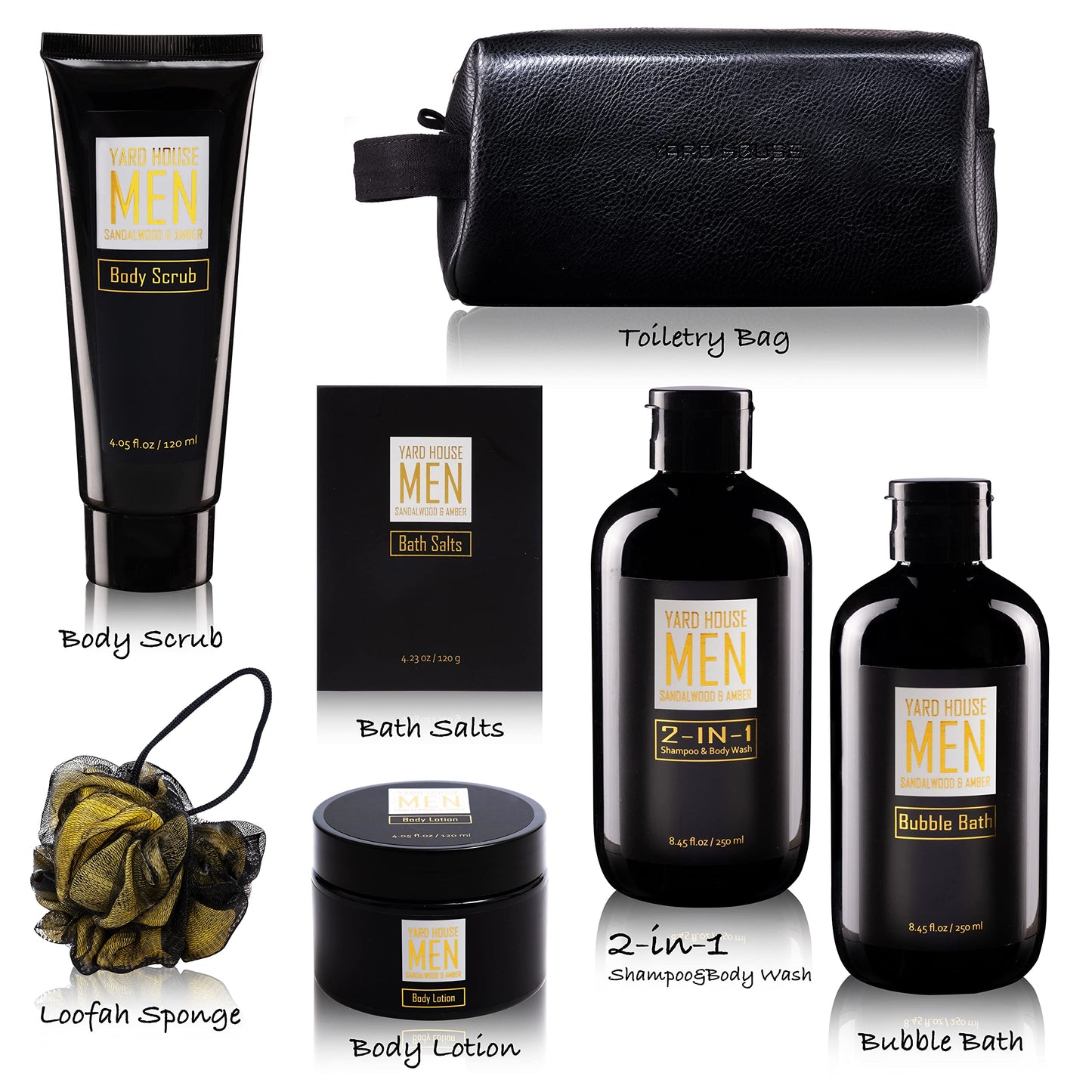 YARD HOUSE Bath and Body Spa Gift Baskets Set for Men - Sandalwood Amber - 7Pc Full Size Spa Kit in Toiletry Bag - Fathers Day Gifts For Husband, Dad From Wife, Daughter Son, Birthday Gifts For Him