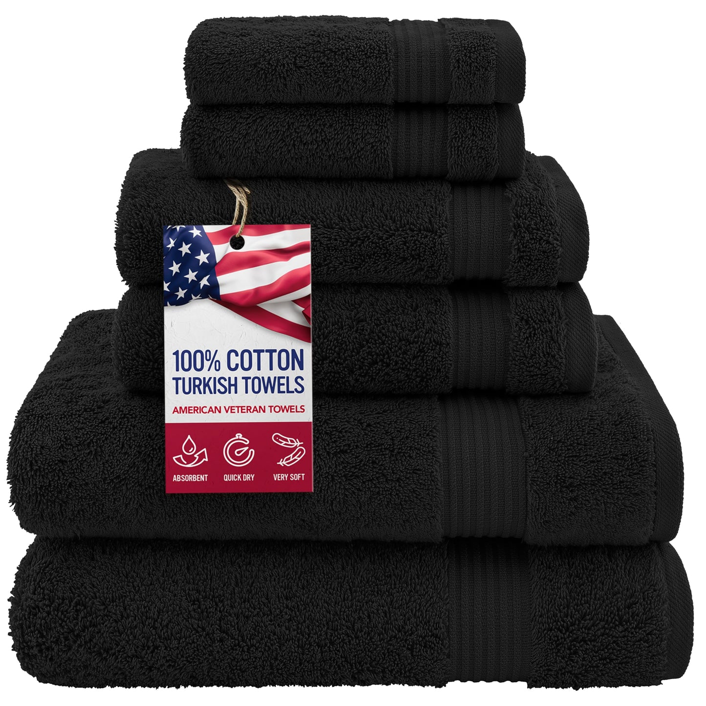 American Veteran Towel, 100% Cotton Turkish 6 Piece Towel Set, Luxury Towels Set of 6 for Bathroom Essentials, 2 Bath Towels 2 Hand Towels 2 Washcloths, Black