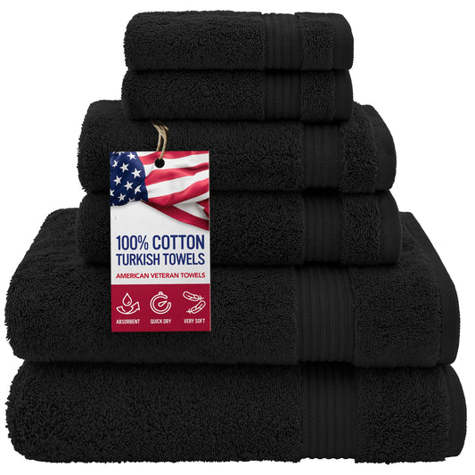 American Veteran Towel, 100% Cotton Turkish 6 Piece Towel Set, Luxury Towels Set of 6 for Bathroom Essentials, 2 Bath Towels 2 Hand Towels 2 Washcloths, Black