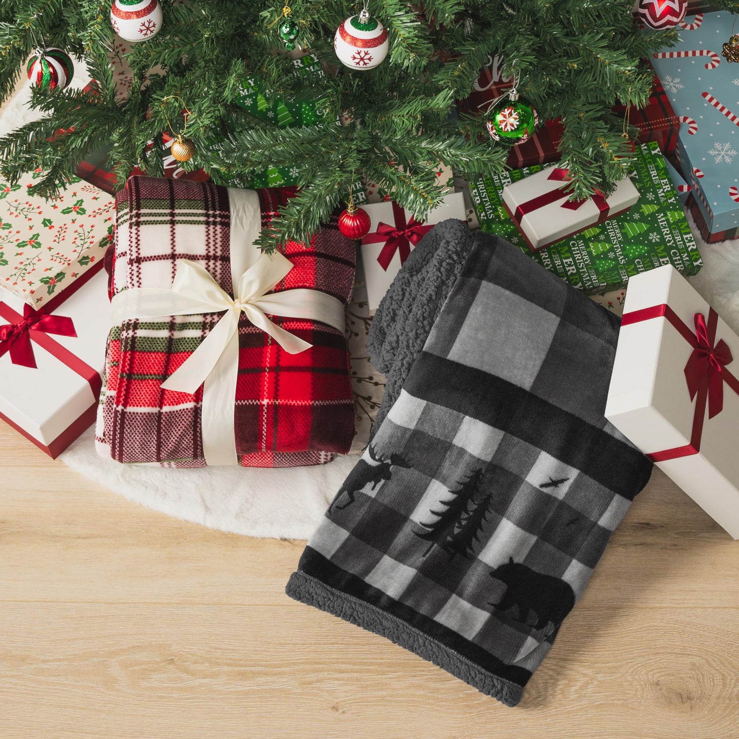 Pavilia Winter Cabin Sherpa Blanket Throw | Flannel Fleece Christmas Plaid Blanket | Plush, Soft, Warm, Cozy, Reversible Microfiber Throw 50x60 (Grey)