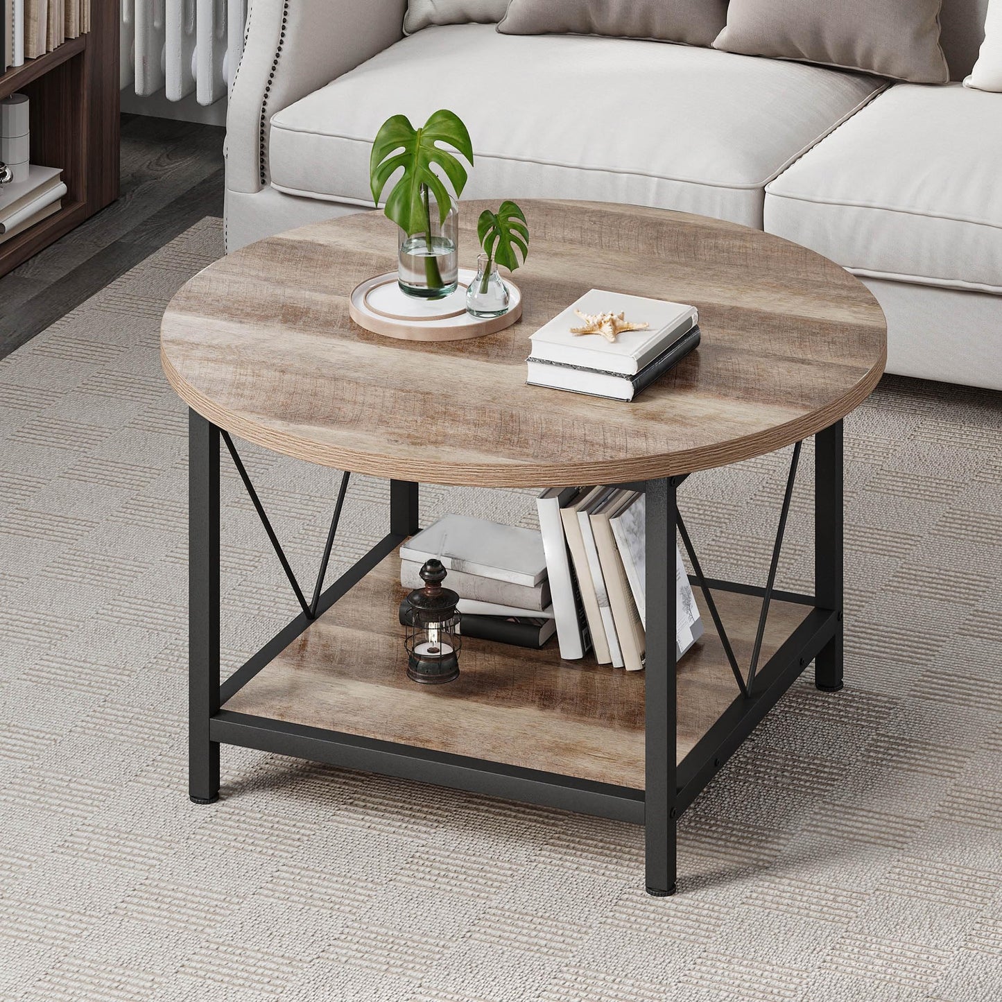 YITAHOME Round Coffee Table, Rustic Wood Coffee Tables for Living Room, Farmhouse Circle Coffee Table with 2-Tier Storage, Center Table with Sturdy Metal Legs Storage Shelf, Grey Wash