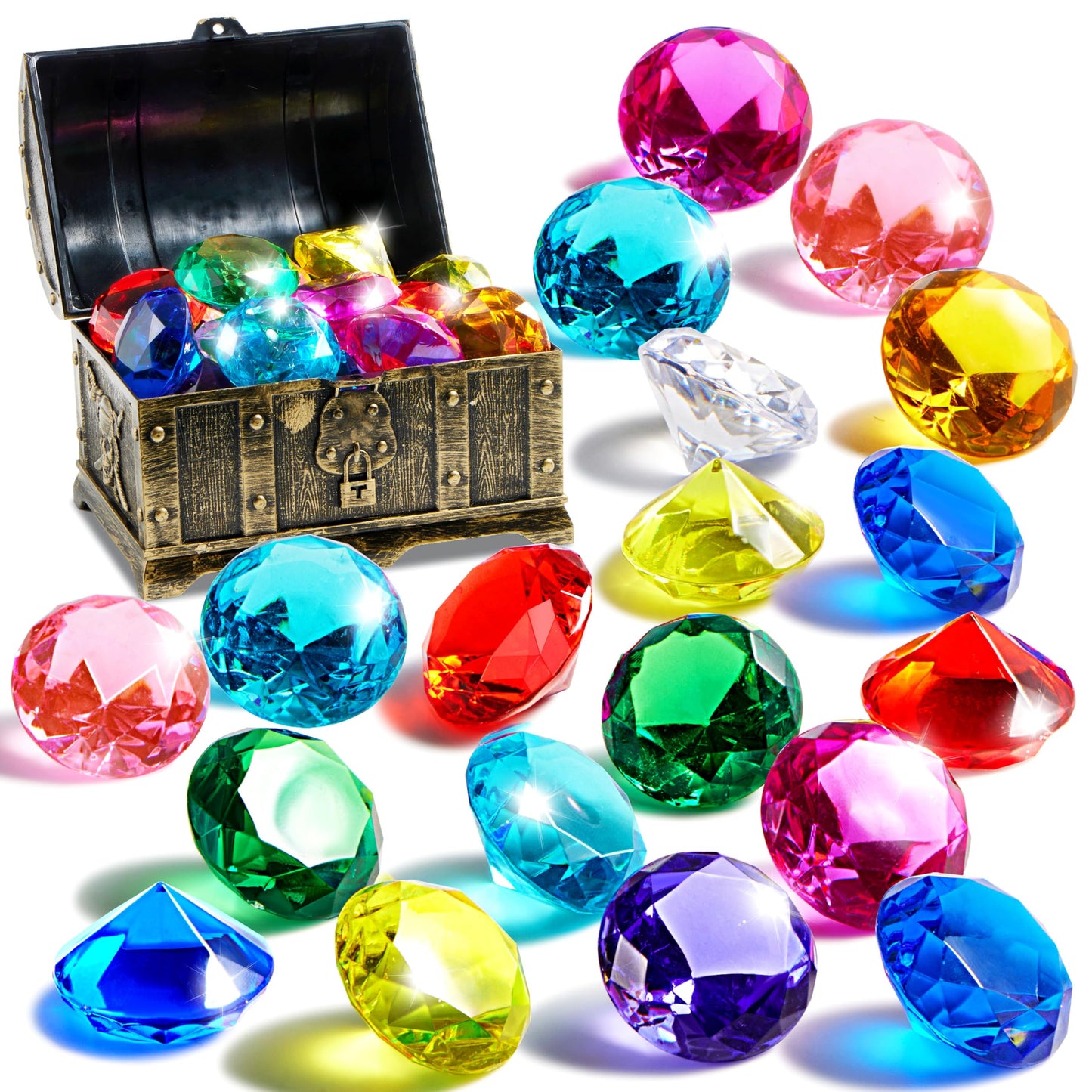 Sloosh Diving Gems Pool Toys, 16 Big Colorful Diamond with Pirate Treasure Chest,Swim Dive Toy for Kids Underwater Gemstone Swimming Training Gift Water Pool Games(Gold)