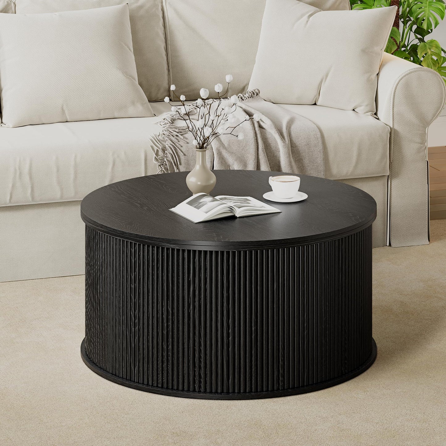 NVETHM Round Coffee Table, Lift Top Coffee Table with Storage, Farmhouse Fluted Center Table Circle Dining Table for Living Room, Reception Room, Home Office (Black)