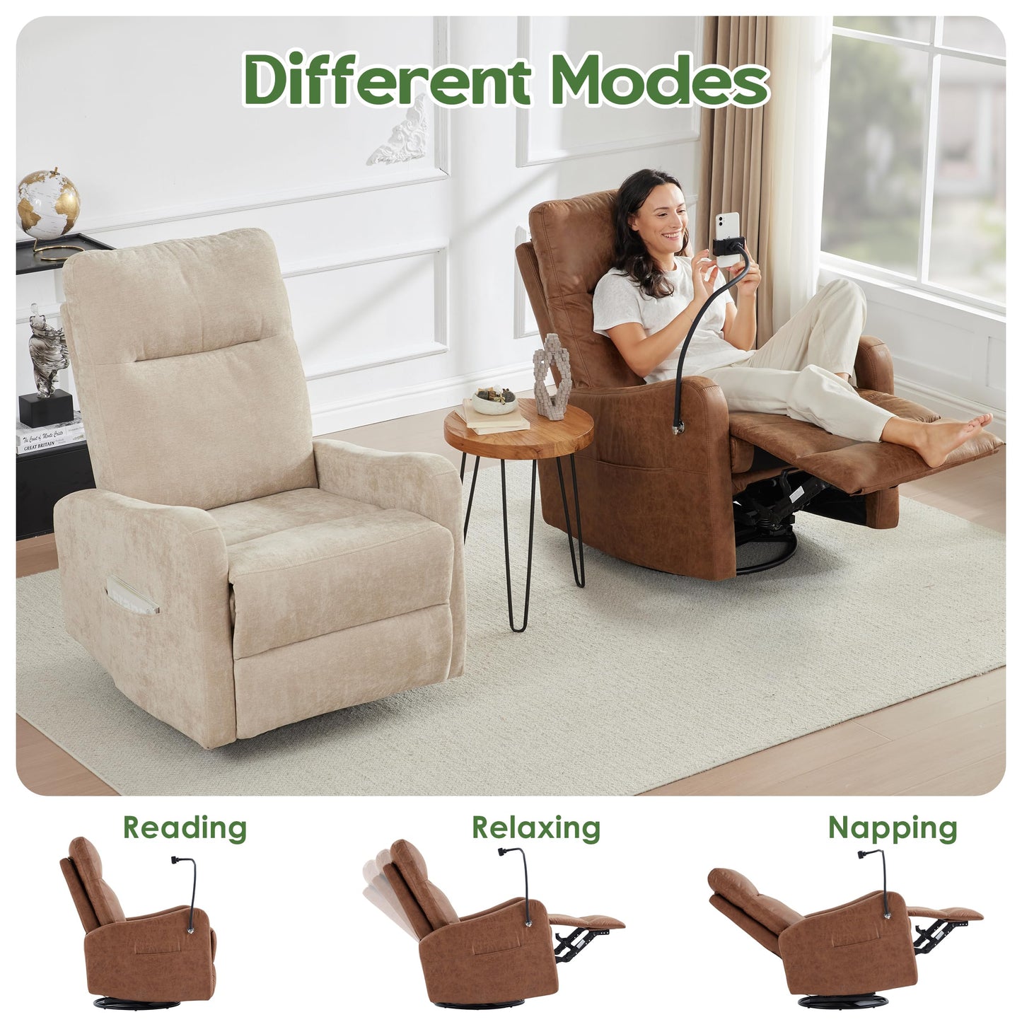 AYEASY Oversized Leather Recliner Chair with Phone Holder, Swivel Rocking Reclining, Ergonomic Lazy Boy Recliner Chair with Lumbar Support, Manual Glider Sofa Chair for Living Room, RV, Brown