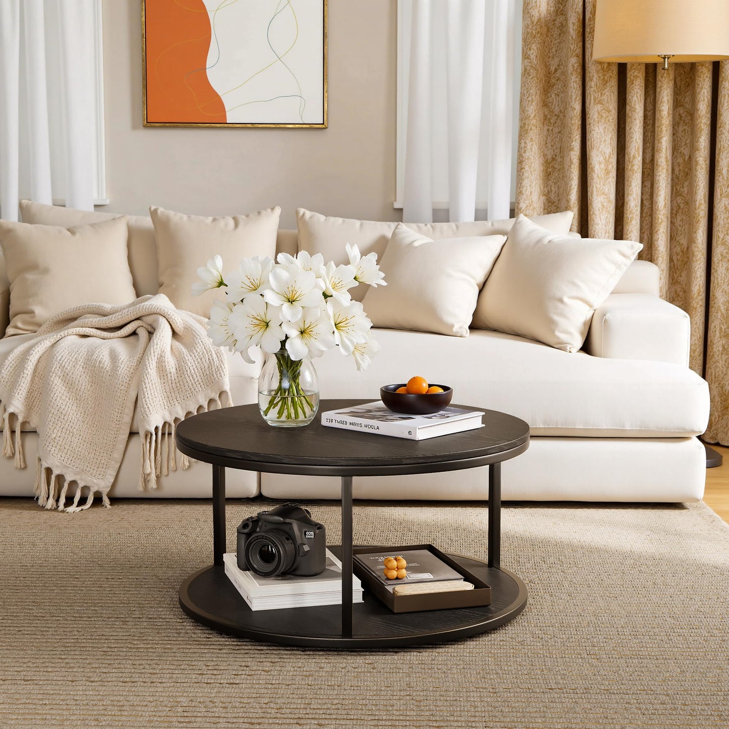 YESHOMY 36“ Black Round Coffee Table, Coffee Tables for Living Room, Metal & Wood Round Table, Small Space Solution for Living Room Furniture, Black