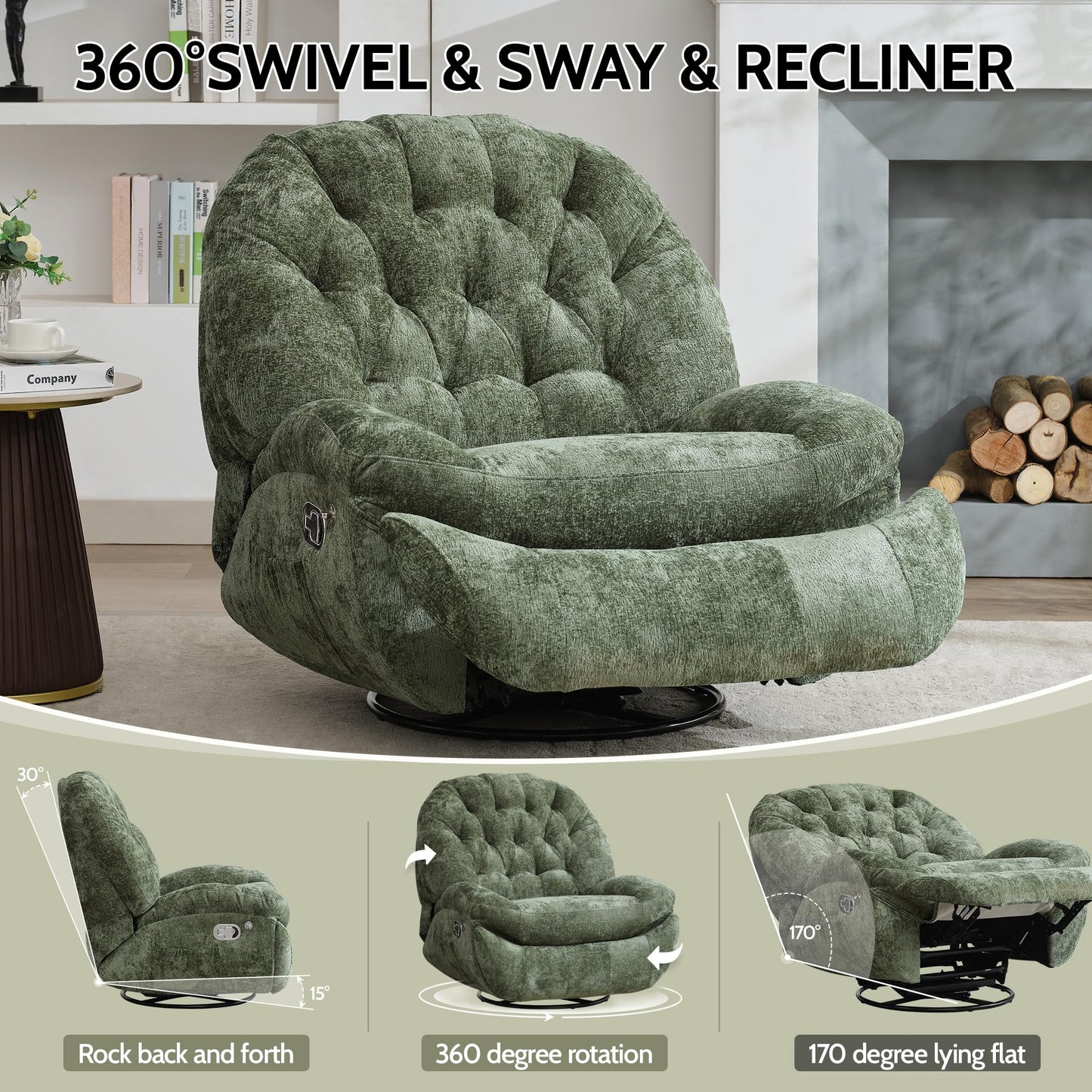 Immulize Oversized Swivel Rocker Recliner Chair with Phone Holder,Swivel Rocking Sofa,Large Recliner Glider Chair for Living Room,Bedroom,Chenille Fabric,Green