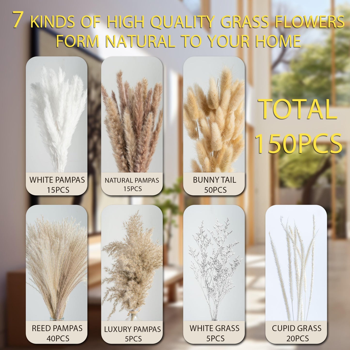 150PCS Natural Pampas Grass Bouquet | Boho Dried Floral Arrangement Centerpiece for Table, Wedding, Rustic Decor (150PCS)