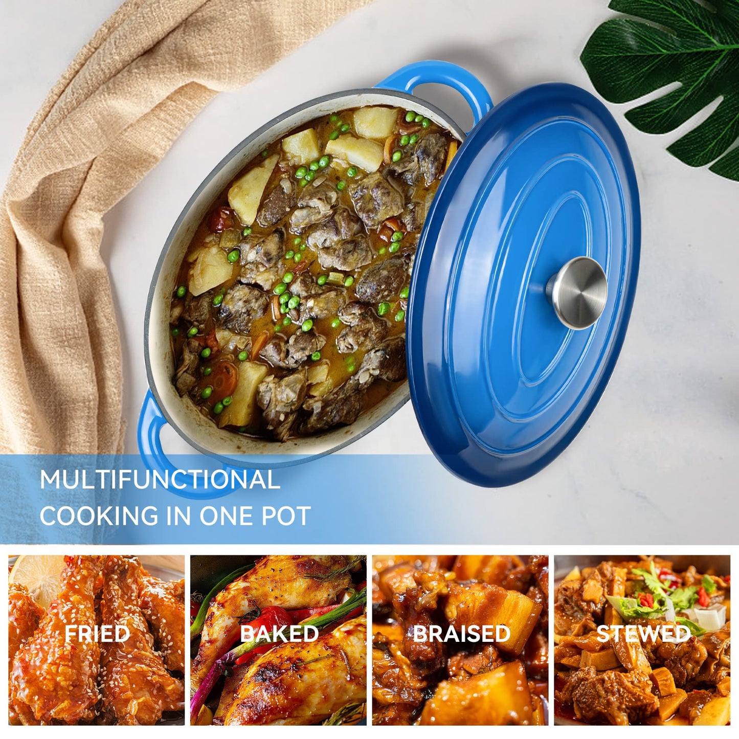 Kerilyn 4.5 Quart Enameled Oval Dutch Oven Pot with Lid and Dual Handles, Cast Iron Dutch Oven for Cooking, Bread Baking, Non-stick Enamel Coated Cookware (Blue)