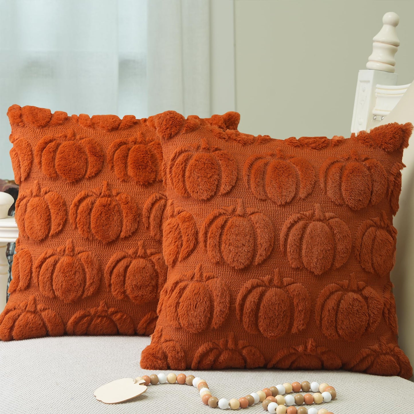 GEEORY Fall Pillow Covers 18 x 18 Inch Set of 2, Fall Decorations Pumpkins Soft Plush Fluffy Faux Fur Wool Decorative Autumn Farmhouse Cushion Case for Sofa Rust GC019-18