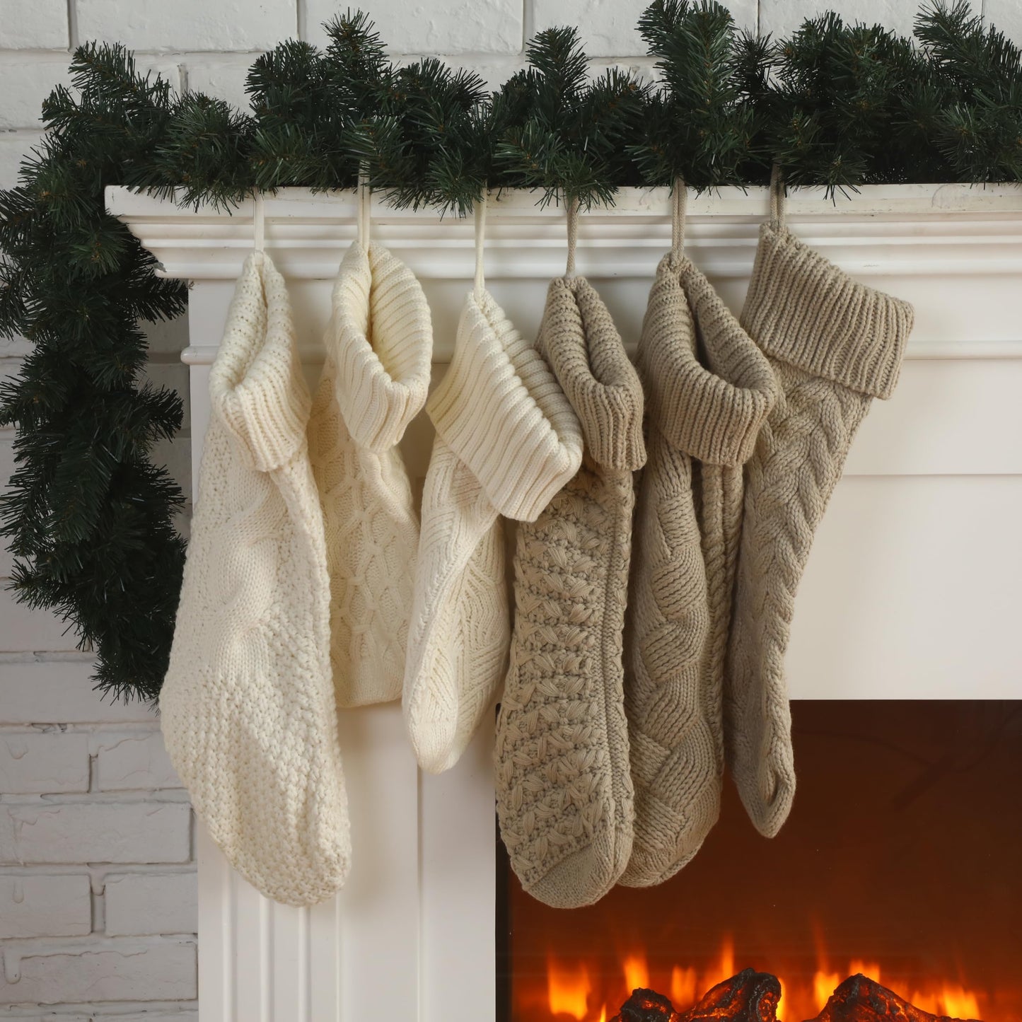 Syhood 6 Pack Cable Knit Christmas Stockings 18'' 15'' Large Knitted Stockings Ornaments Farmhouse Xmas Rustic Boho Decorations for Family Holiday Decor, 6 Styles(Khaki and Cream)