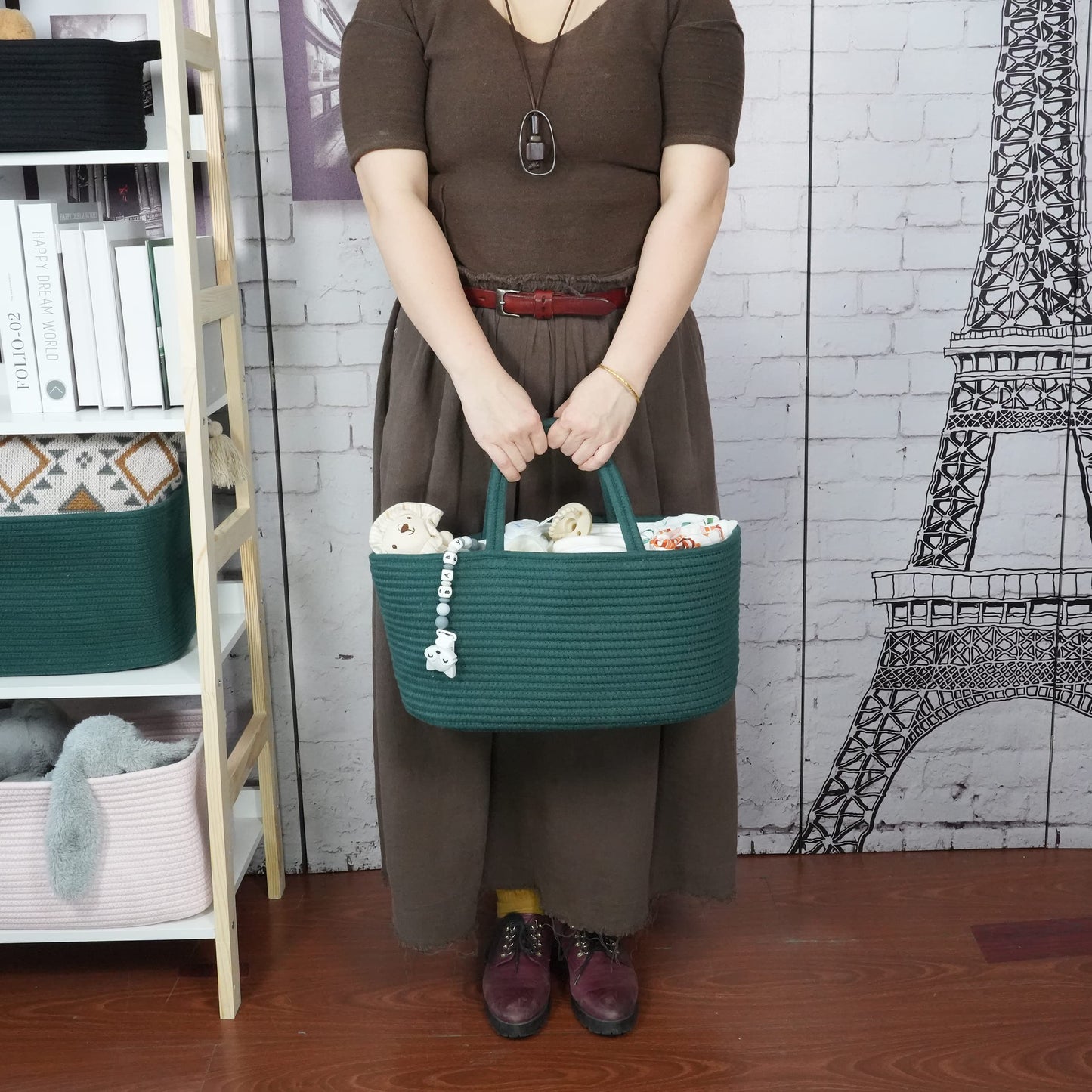 XUANGUO Large Baby Diaper Caddy Organizer for Girl Boy Rope Nursery Storage Bin Basket Portable Holder Tote Bag for Changing Table Car Travel Baby Shower Gifts basket dark green