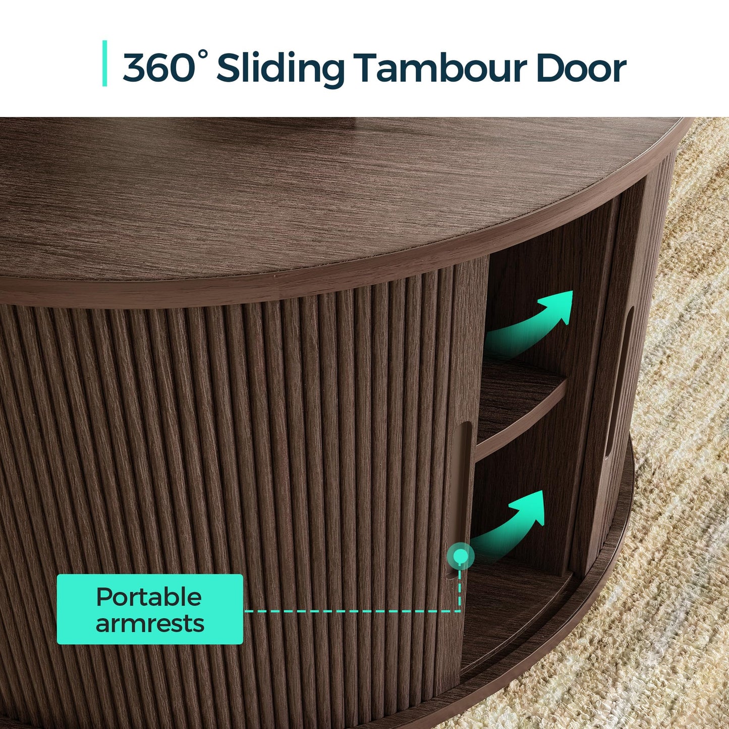 LINSY HOME Round Coffee Table, 31.5" Drum Coffee Table with Sliding Tambour Door, Fluted Accent Center Table with Storage, Mid Century Modern Coffee Table for Living Room, Walnut