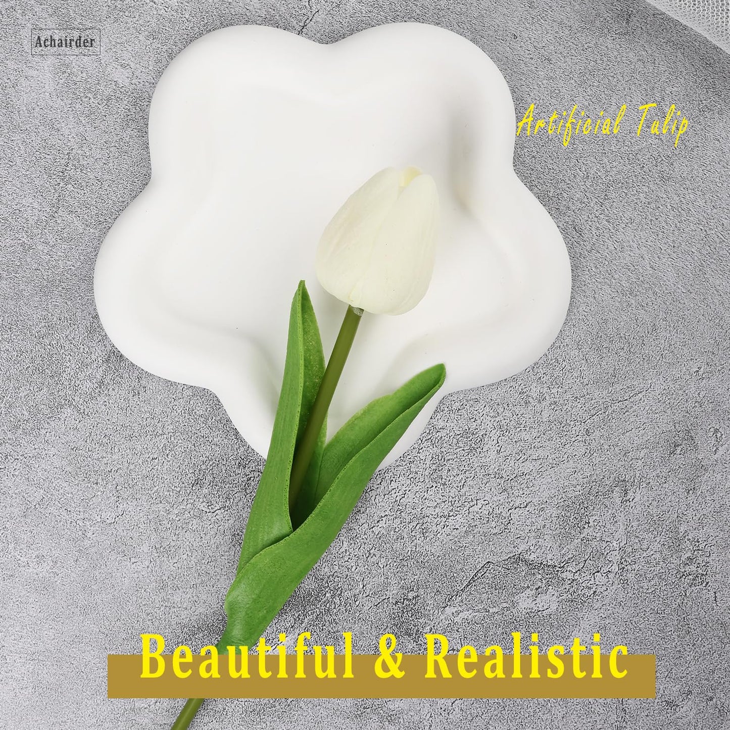 Achairder 30pcs Tulips Artificial Flowers, Artificial Latex Real Touch Tulips Flowers Bouquet for Mother's Day Easter Wedding Party Home Decor-White