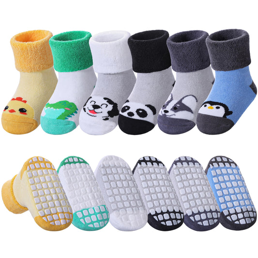 NOCIN COLOR Baby Grips Toddler Thick Cotton Thermal Socks - Non Slip Warm Cute Animal Kits (6 Pairs, 1-3 Years)