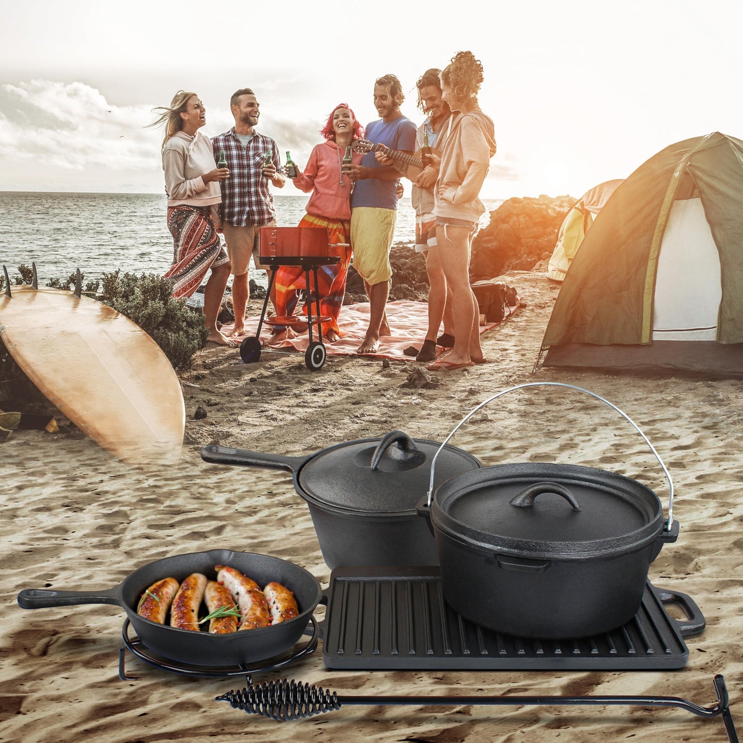 Lot45 Pre-Seasoned Dutch Oven Camping Cooking Set Cookware - Cast Iron Griddle, 4qt Dutch Oven, Griddle Pan, Frying Pan, Pre-Seasoned Cast Iron Camping Cooking Set with Storage