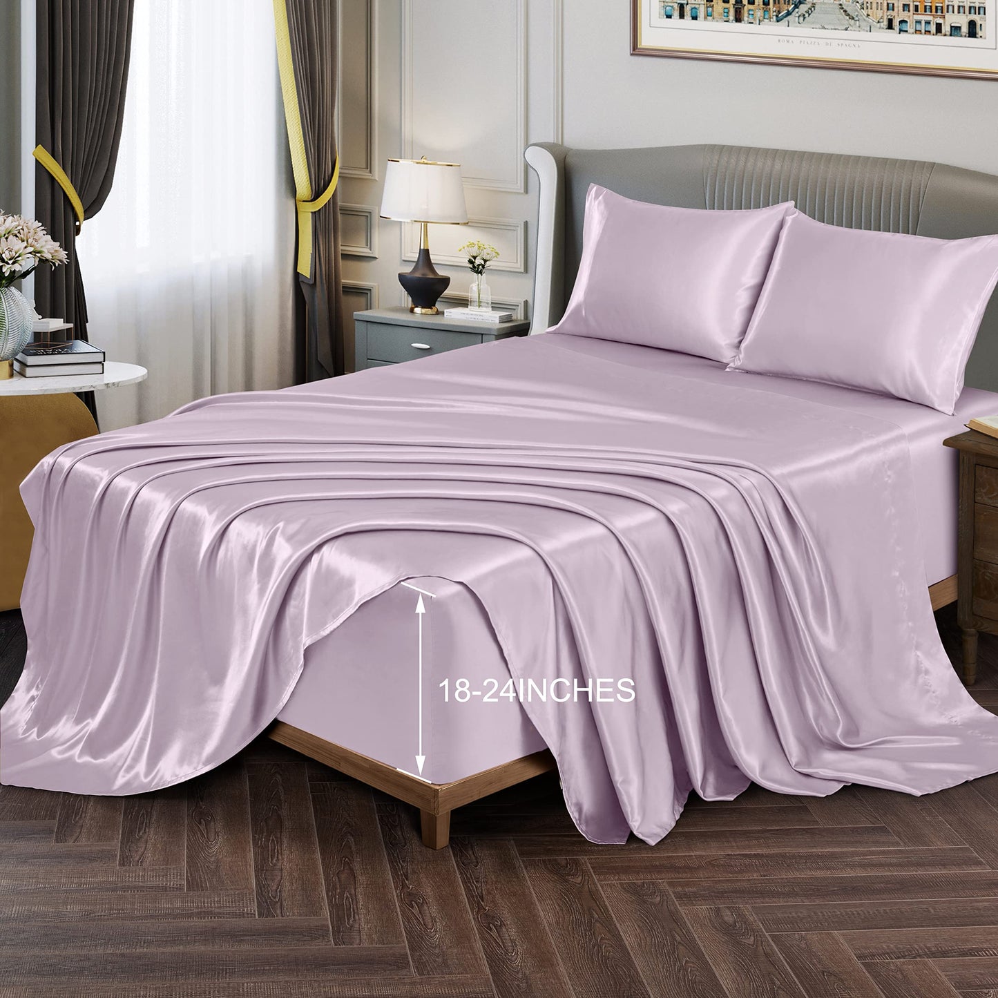 Vonty Satin Sheets Extra Deep Pocket Queen Sheet Sets - Cooling & Silky Satin Queen Size Sheets with 18-24 Inch Deep Pocket, Luxury Lavender Satin Bed Sheets Fit Up to 24" Deep Mattress - 4 Piece