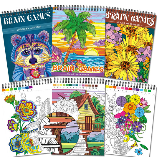 Kalysky Color by Numbers Adult Coloring Books,3 Fun Coloring Books for Adult Relaxation,60 Pages of Flowers Nature Landscapes Animals,Brain Game for Adults