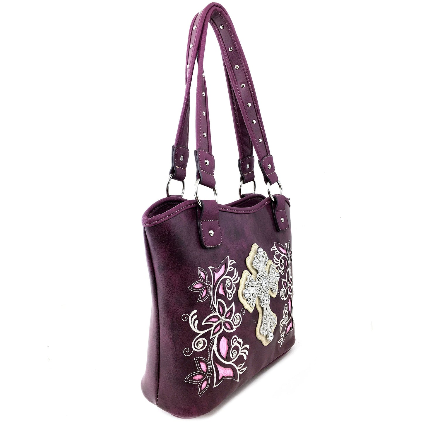 Justin West Western Floral Wing Embroidery Laser Cut Rhinestone Silver Cross Studded Shoulder Tote Handbag Purse (Purple Purse)