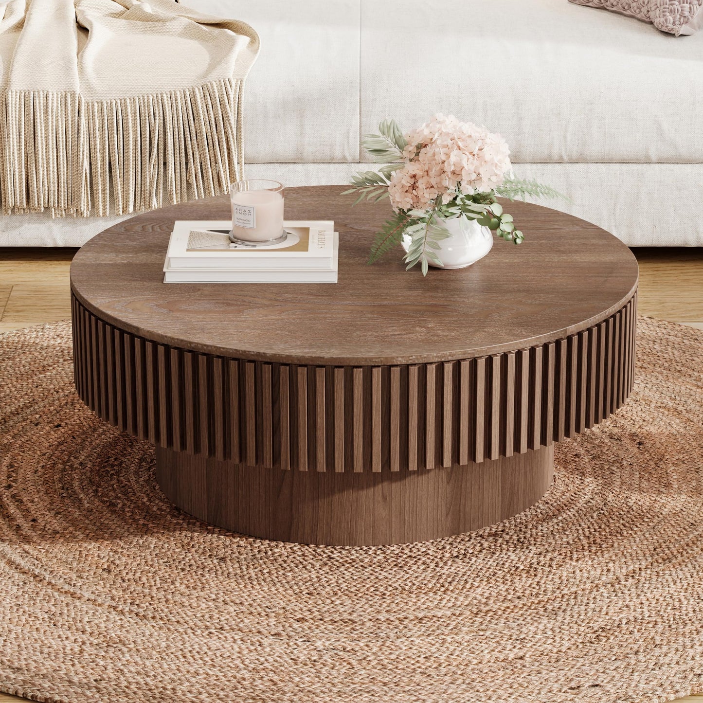 BSYEIO 31.5'' Round Coffee Table with Storage, Modern Luxury Circle Drum Center Tables with Solid Wood Veneered, Accent Side Coffee Table for Living Room, Bedroom, Apartment-Walnut