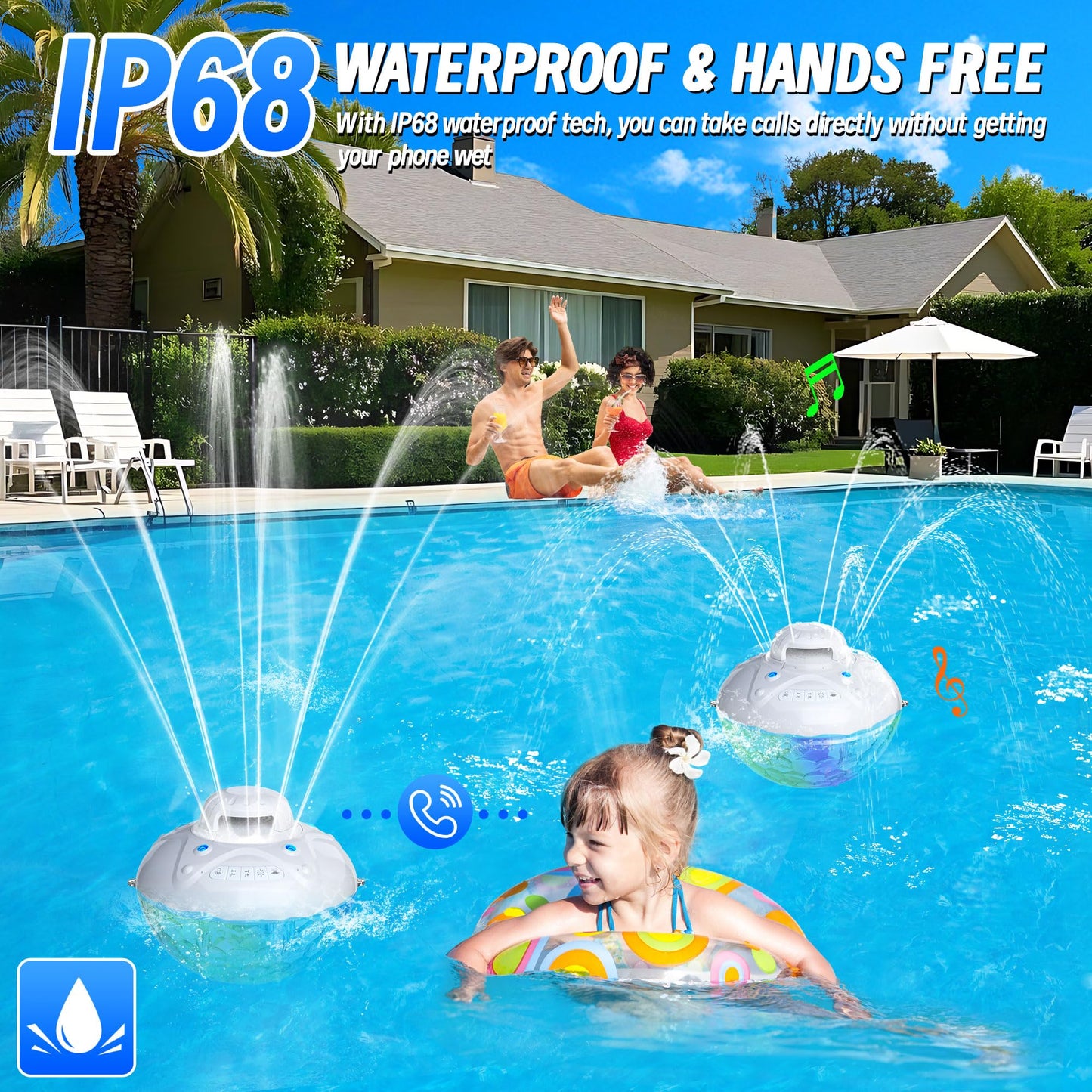 KingSom 3 in 1 Bluetooth Pool Speaker with Pool Fountain Light, 10000mAh Floating Pool Speaker, IP68 Waterproof Hot Tub Speakers, Loud Sound, BT5.4,24H Playtime Rechargeable pool Water Fountain, White