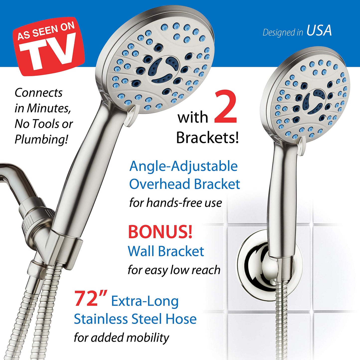 Hotel Spa AquaCare High Pressure 8-mode Handheld Shower Head - Anti-clog Nozzles, Built-in Power Wash to Clean Tub, Tile & Pets, Extra Long 6 ft. Hose, Wall & Overhead Brackets - 1.8 GPM