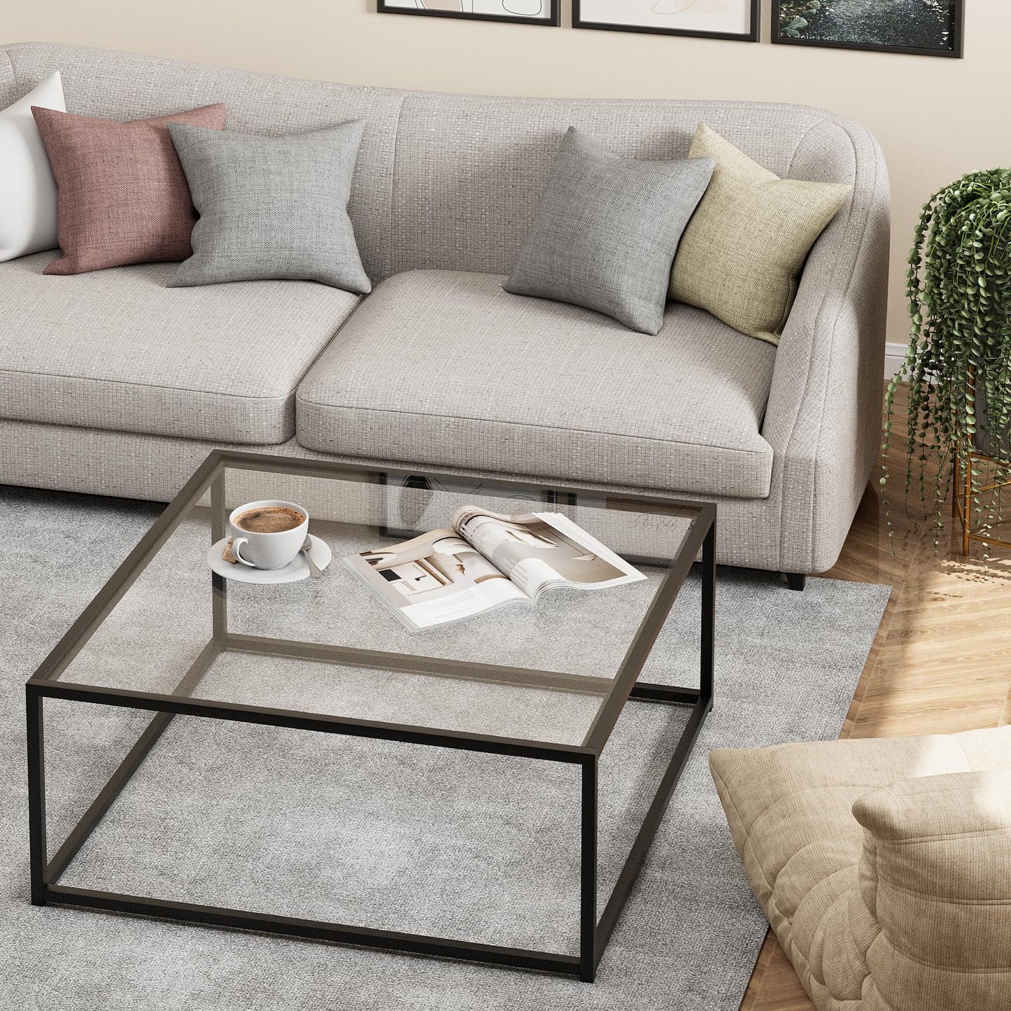 Black Glass Coffee Table for Living Room,Square Coffee Tables for Small Spaces,Simple Tea Cocktail Modern Center Tables, Living Room Tables,Easy Assembly,26 * 26in（Black & Clear Glass）