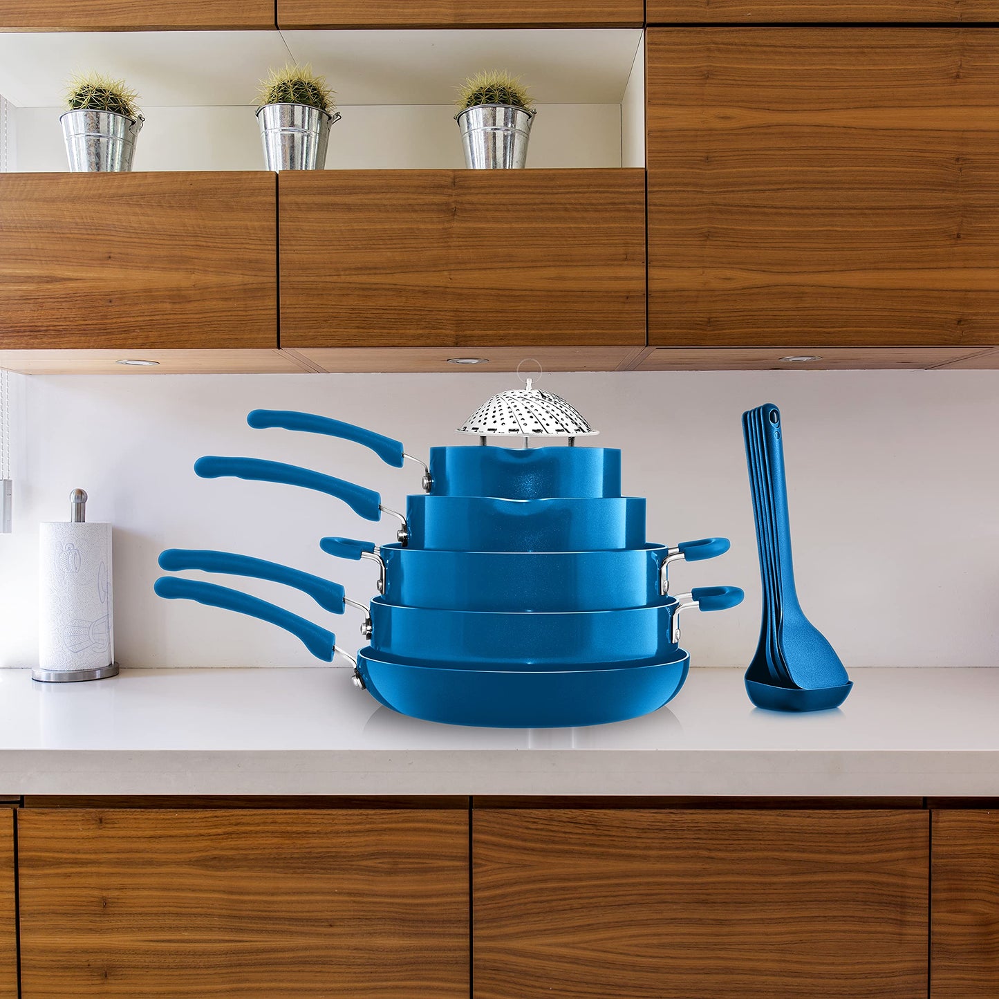 NutriChef 17pcs Blue Stackable Pots and Pans Set, Nonstick Induction Cookware, Space Saving Cookware, Easy Clean, Ideal For RV and Camper, Includes a Foldable Steamer Basket and Cooking Utensils