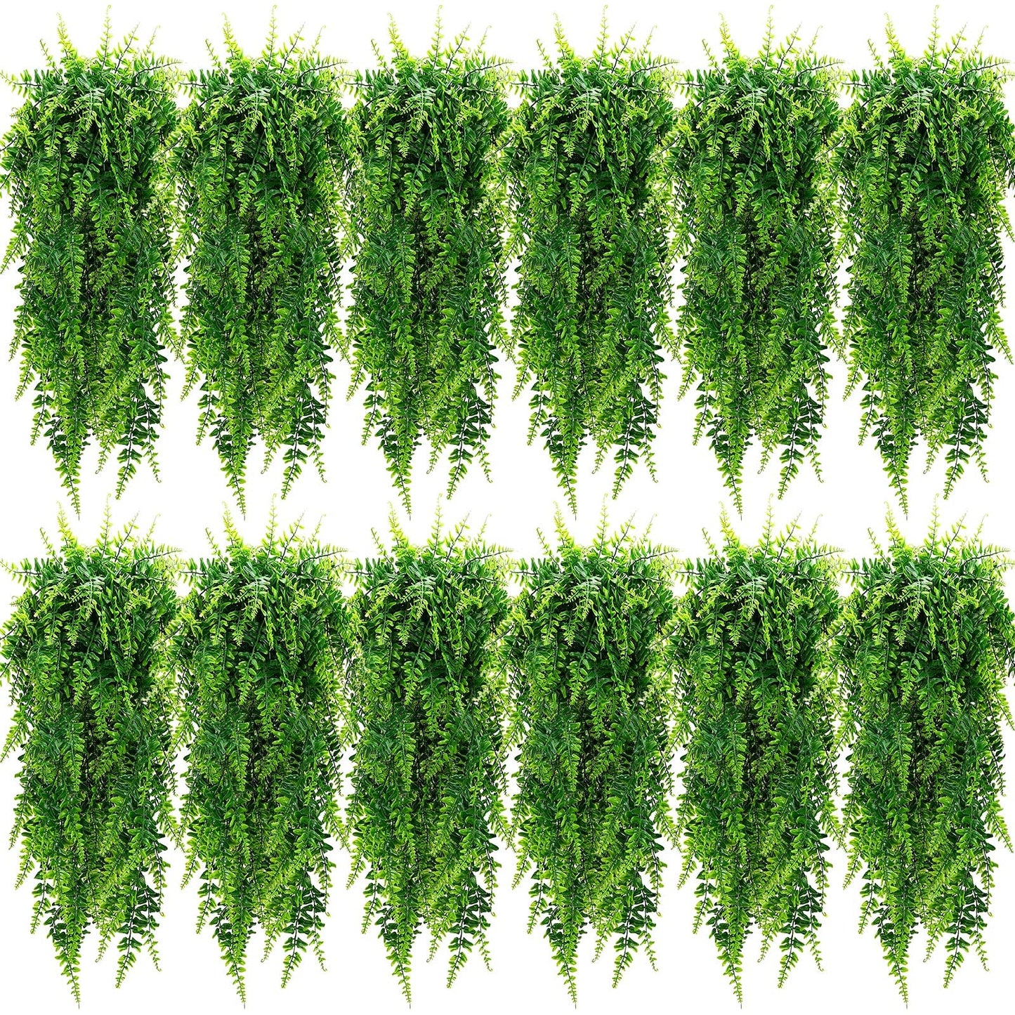 Geosar 12 Pcs Artificial Hanging Plants 32 Inch Hanging Boston Ferns Plastic Fake Plants for Wall Room Garden Wedding Garland Indoor Outdoor Decoration, No Basket
