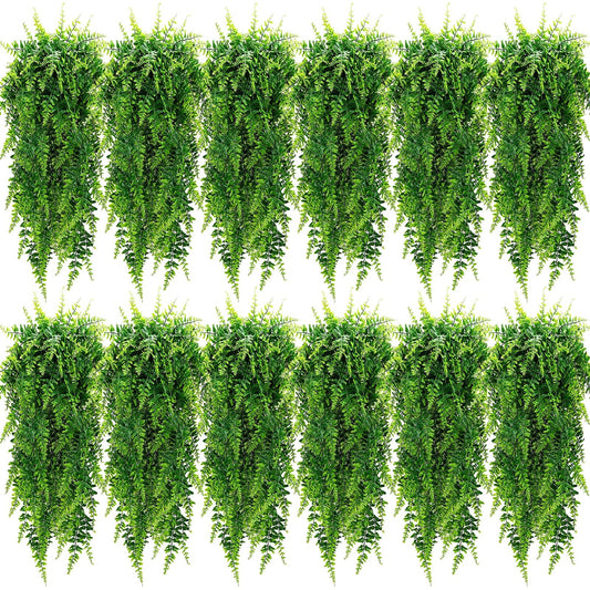Geosar 12 Pcs Artificial Hanging Plants 32 Inch Hanging Boston Ferns Plastic Fake Plants for Wall Room Garden Wedding Garland Indoor Outdoor Decoration, No Basket