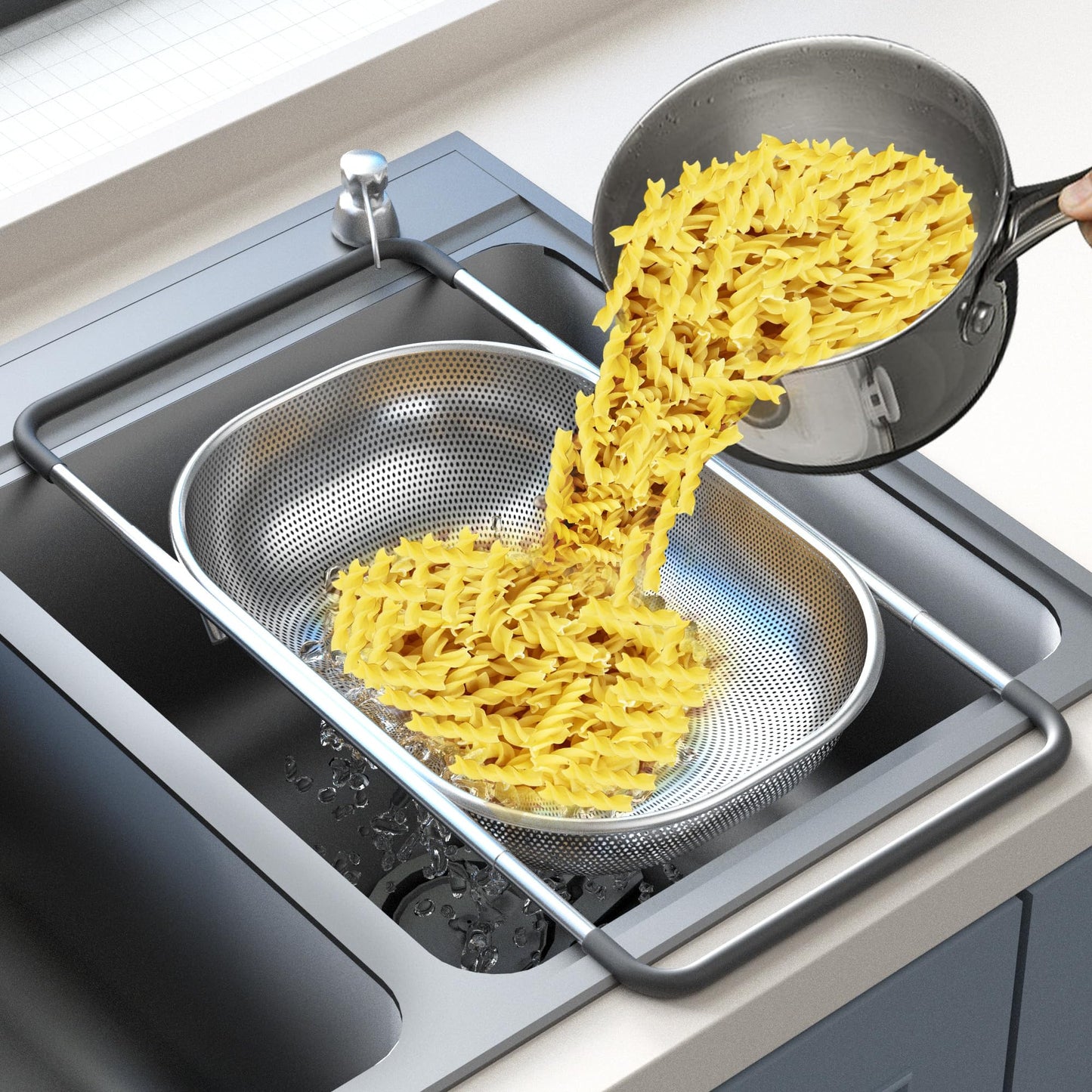 Over the Sink Colander - Strainers and Colanders - Sink Strainer Basket - Expandable Fine Mesh Strainer with Rubber Grip for Veggie, Fruits, Pasta, Home Kitchen Essentials (9.5W x 13.4-21.3L x 3.3H)