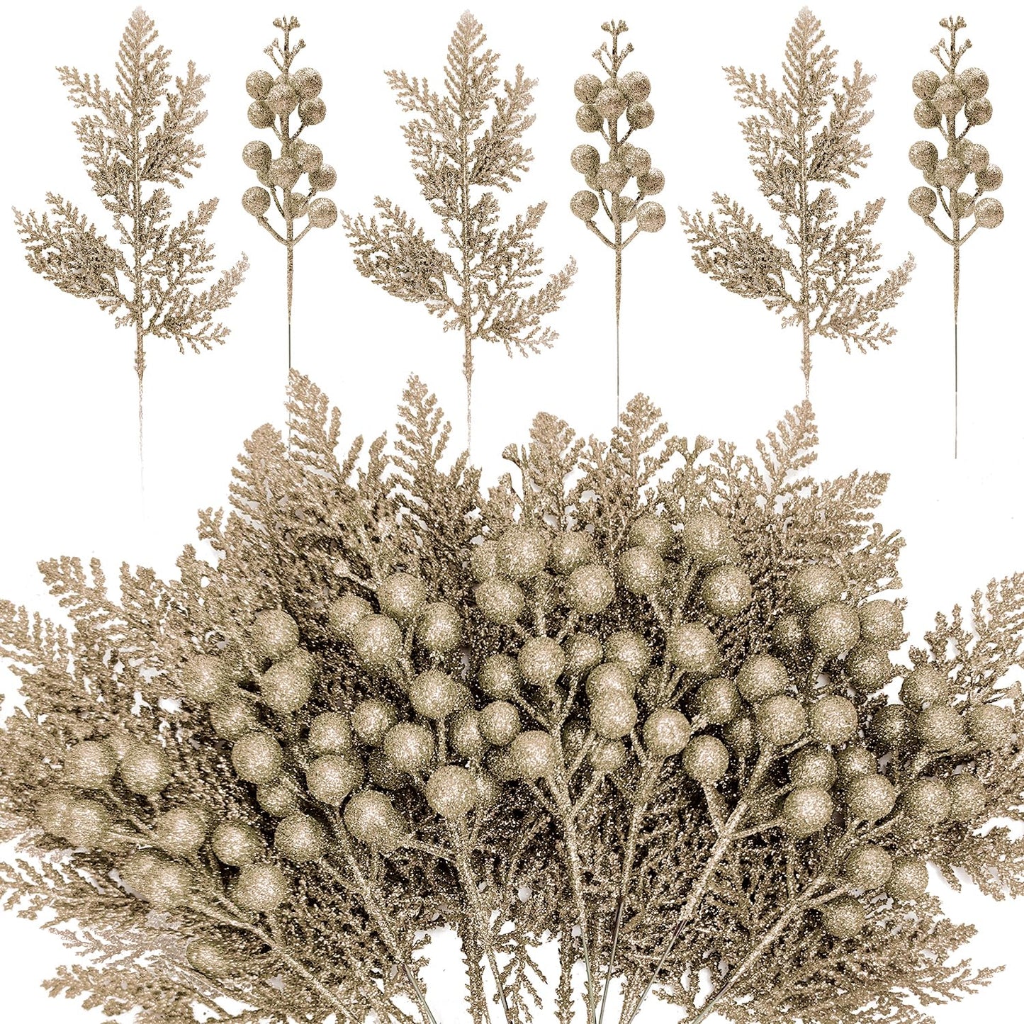 SPWOLFRT 24 Pieces Christmas Tree Decorations - 12pcs Artificial Glitter Berries Stems and 12pcs Glitter Cedar Leaves for Christmas Tree Decor Wreath Making Vase Filler DIY Crafts (Champagne)